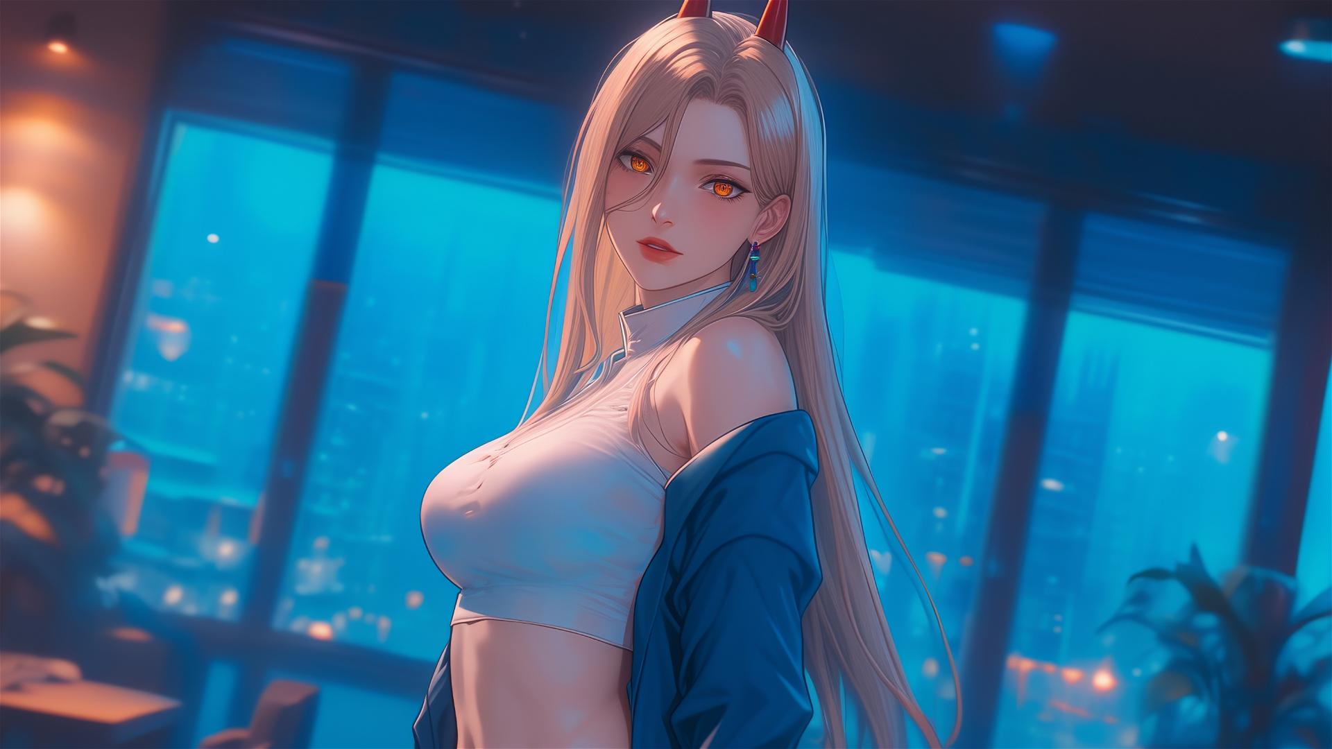 Remote angle of Power from Chainsaw Man in a long office hallway, highlighting her blonde hair, red horns, yellow eyes, and thighs.