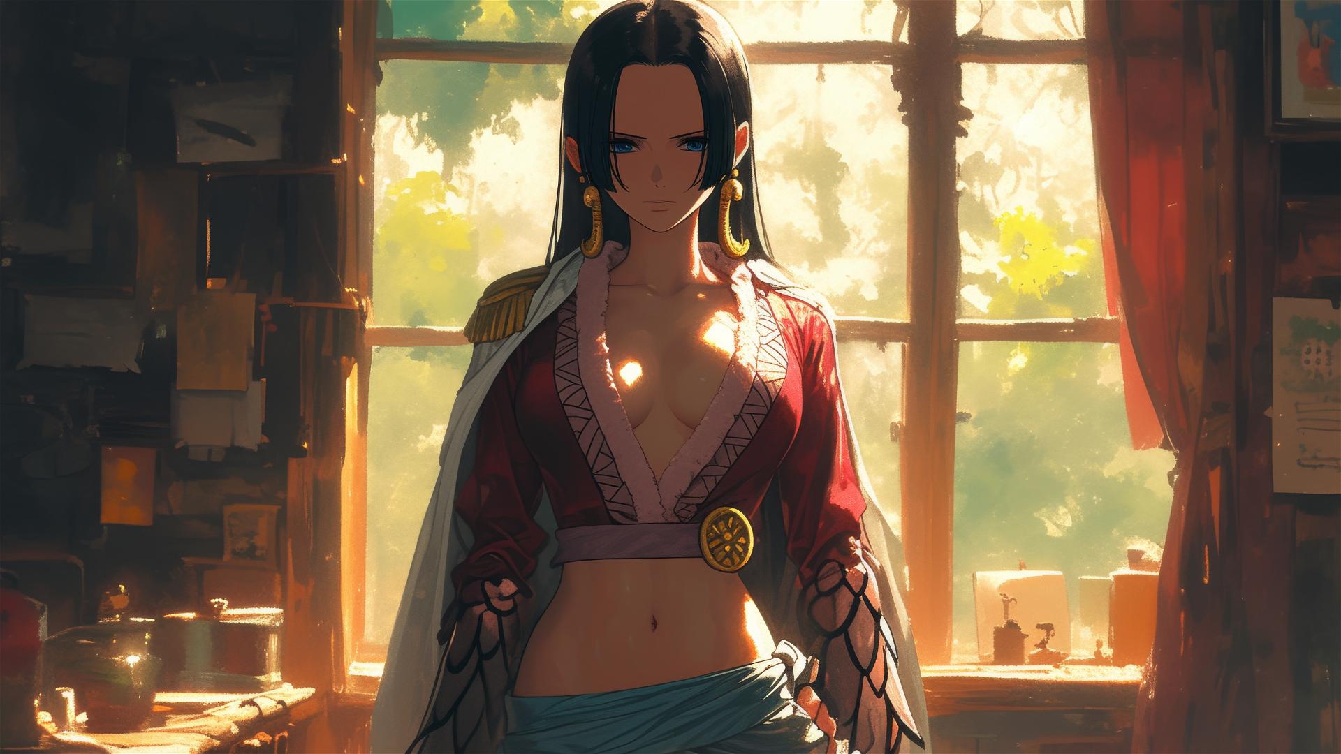Boa Hancock from One Piece wandering in an art gallery with soft lighting