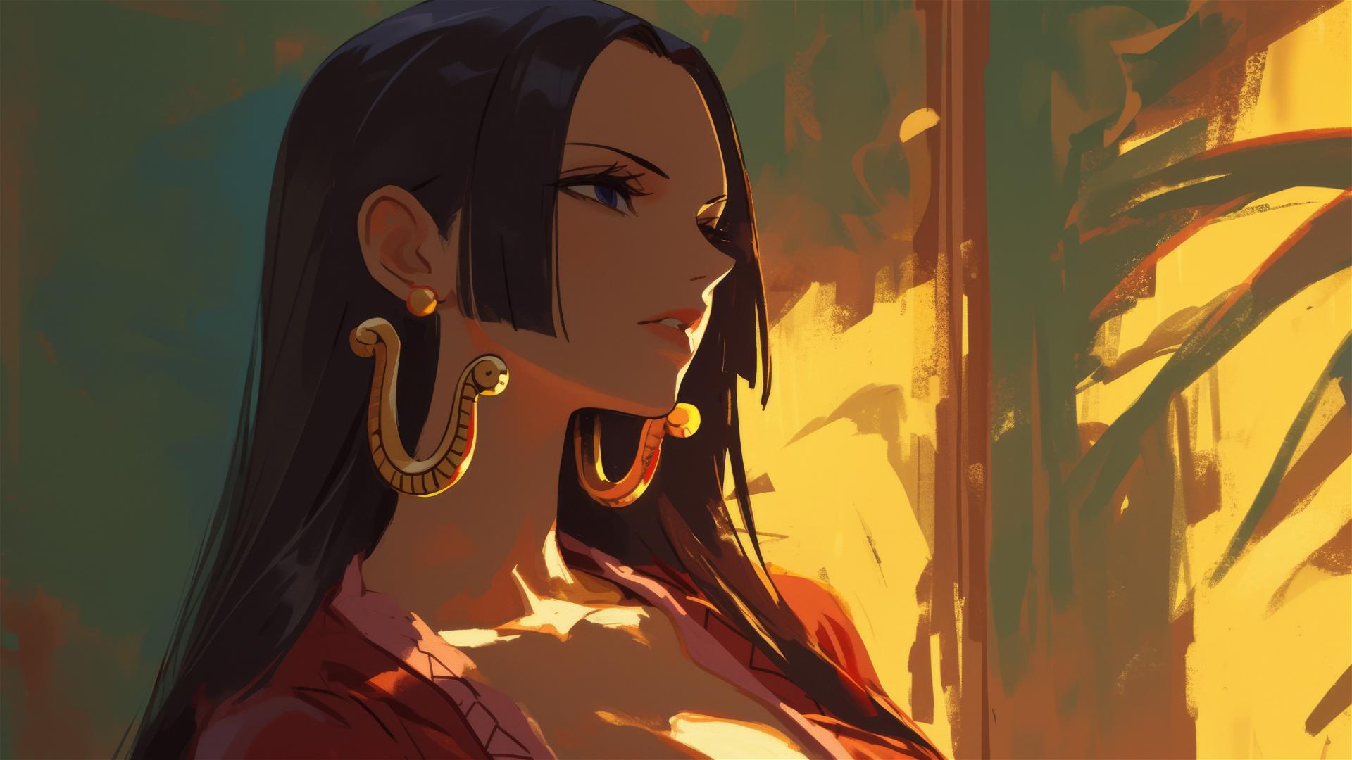 Boa Hancock from One Piece wandering in an art gallery under soft lights