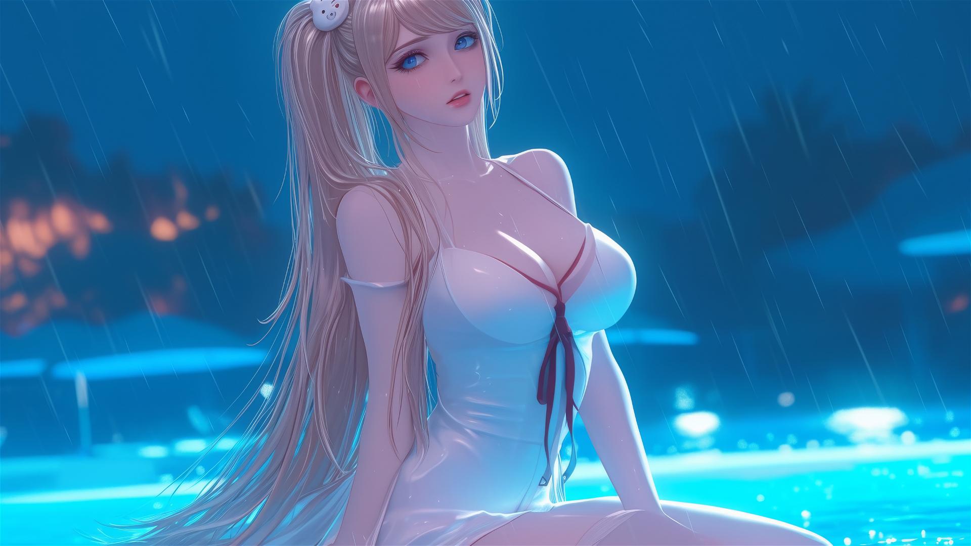 Junko Enoshima from Danganronpa, resting at a rainy swimming pool with focus on thighs, blond hair, light blue eyes, wearing a white dress