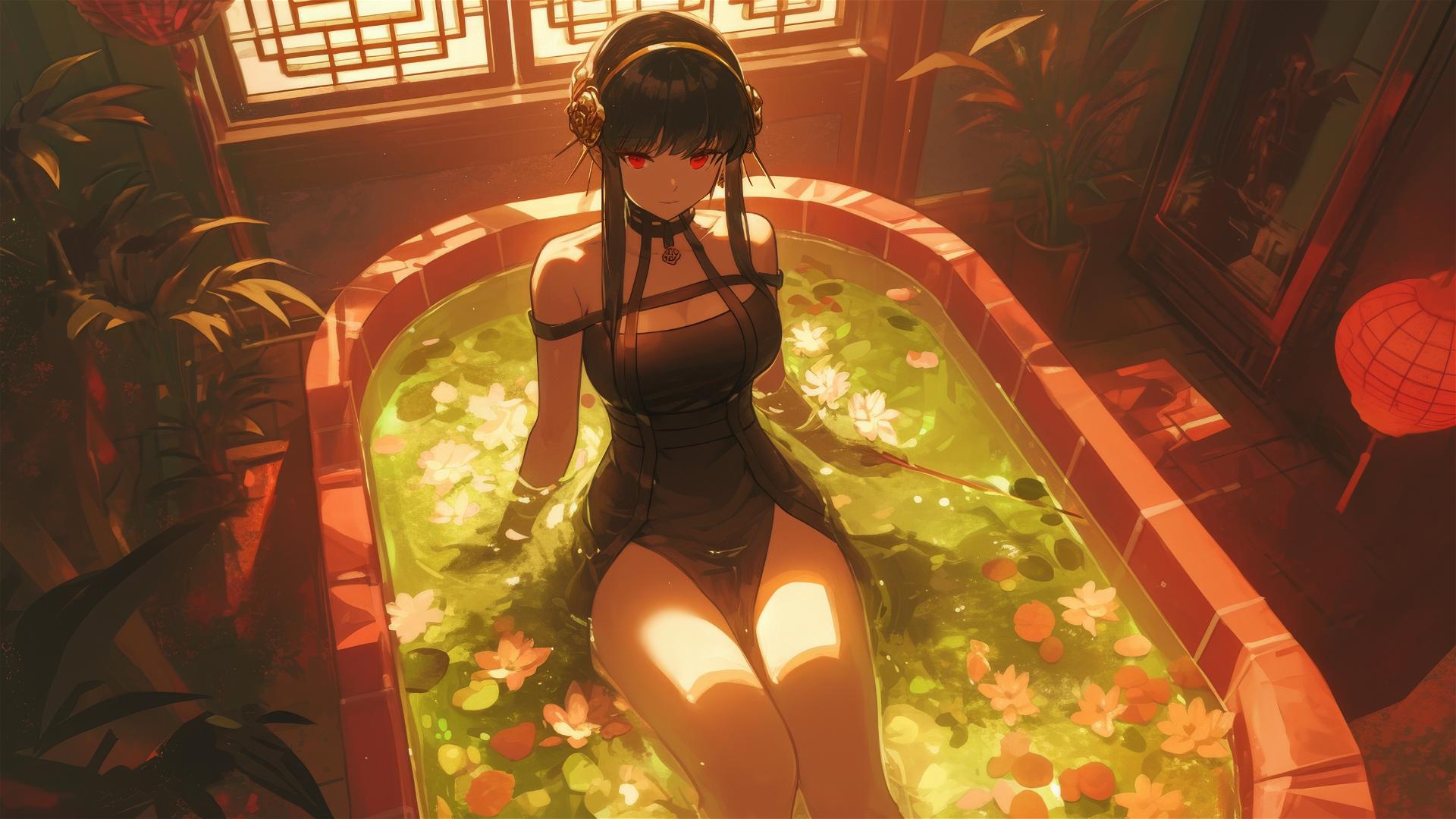 Yor Forger from Spy x Family in a flower-filled tub in a Chinese spa
