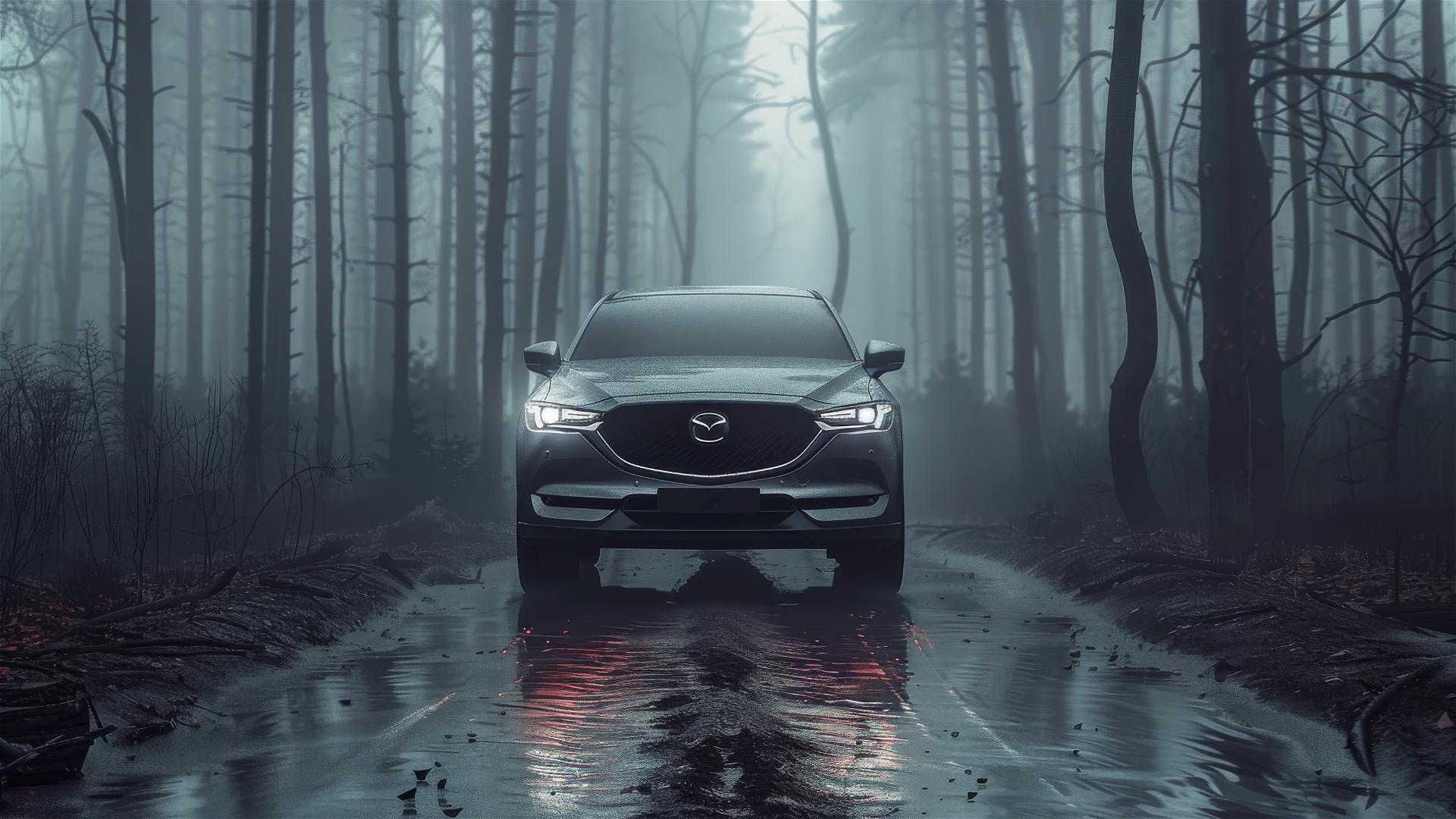 Mazda CX-5 in dim gothic lighting with fog, photorealistic closeup