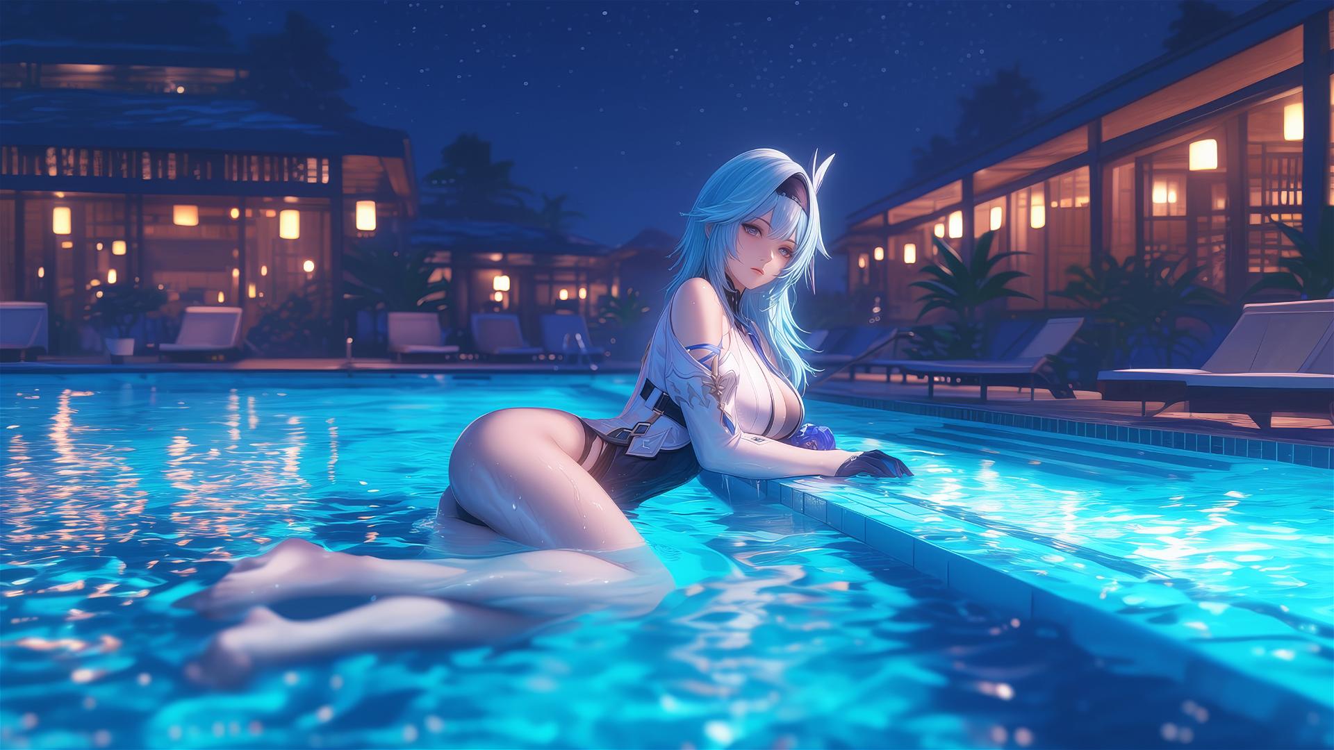 Eula Lawrence resting by a swimming pool under moonlight.