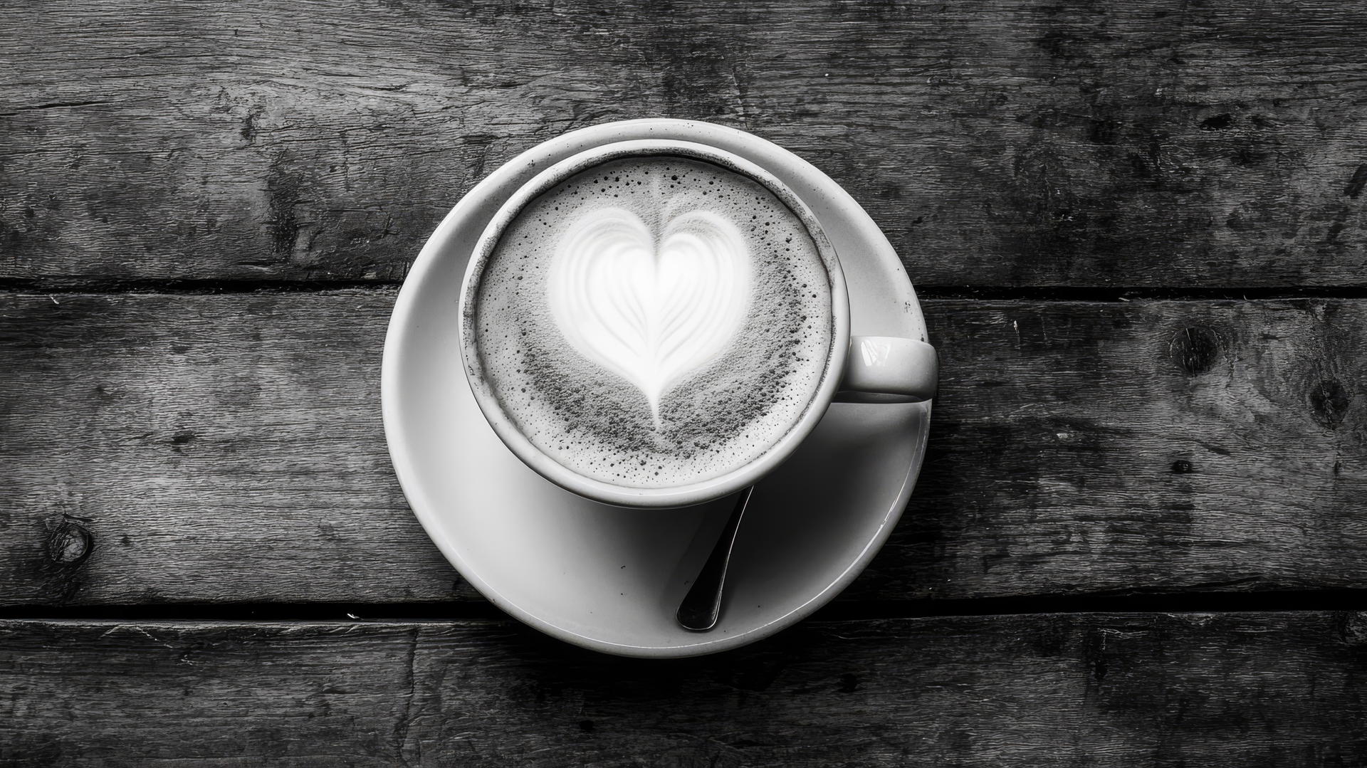 Black and white aesthetic wallpaper of a steaming cup of coffee on a rustic wooden table with intricate latte art.