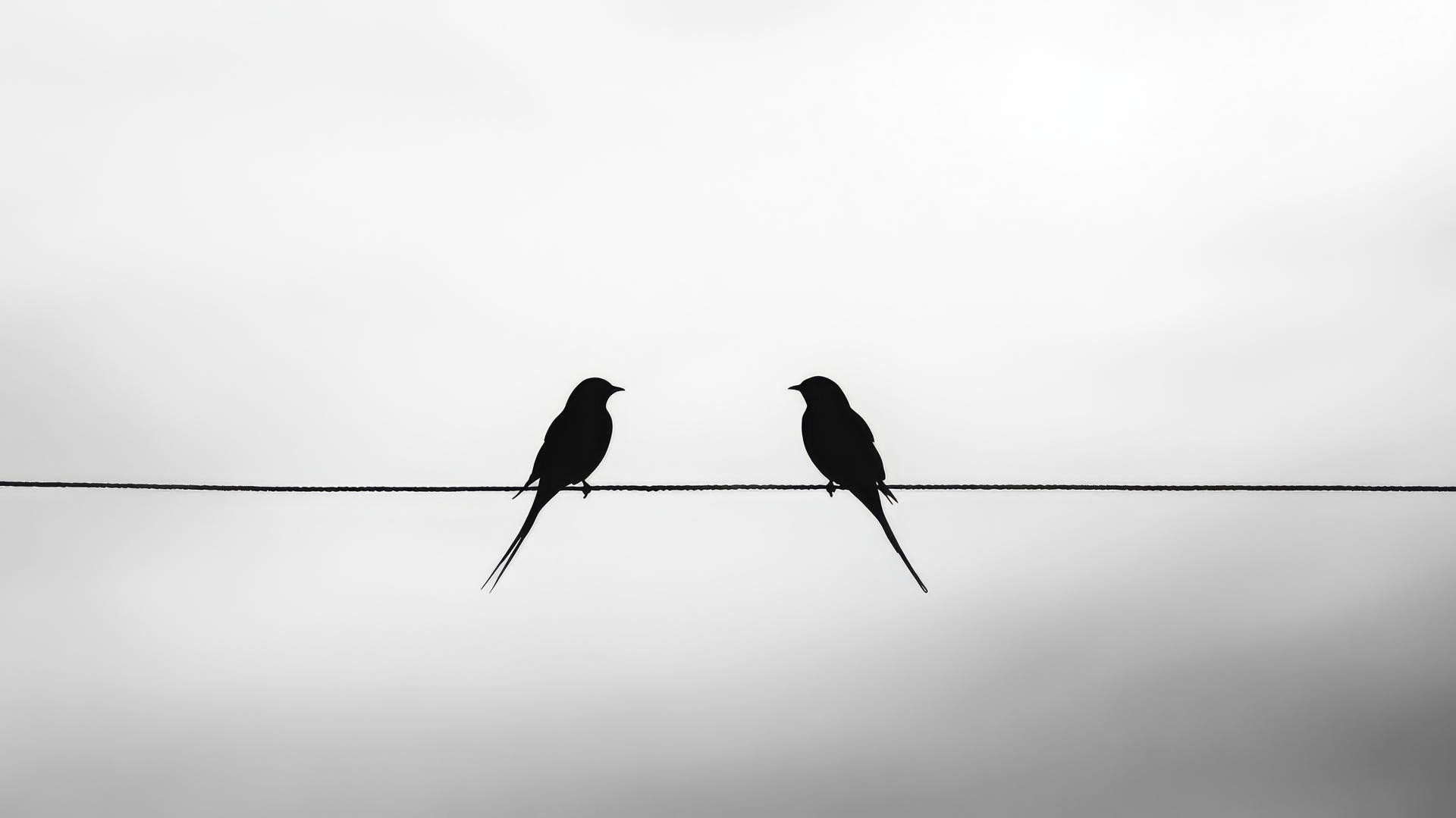 black and white aesthetic wallpaper of silhouetted birds perched on a wire against the sky