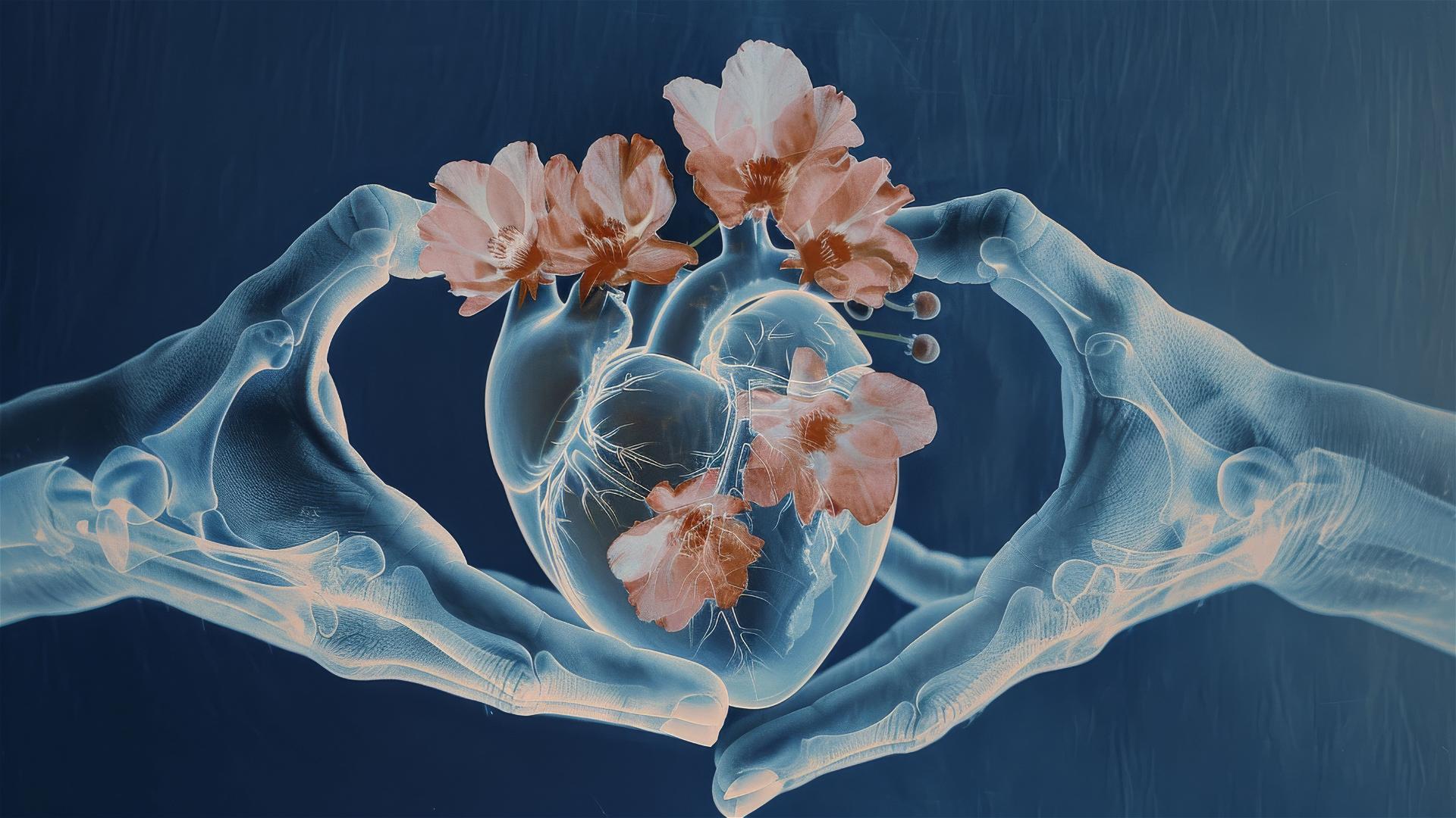 Cyanotype-style image of hands holding a broken heart with peach flowers, reflecting Chinese aesthetics and zen culture.