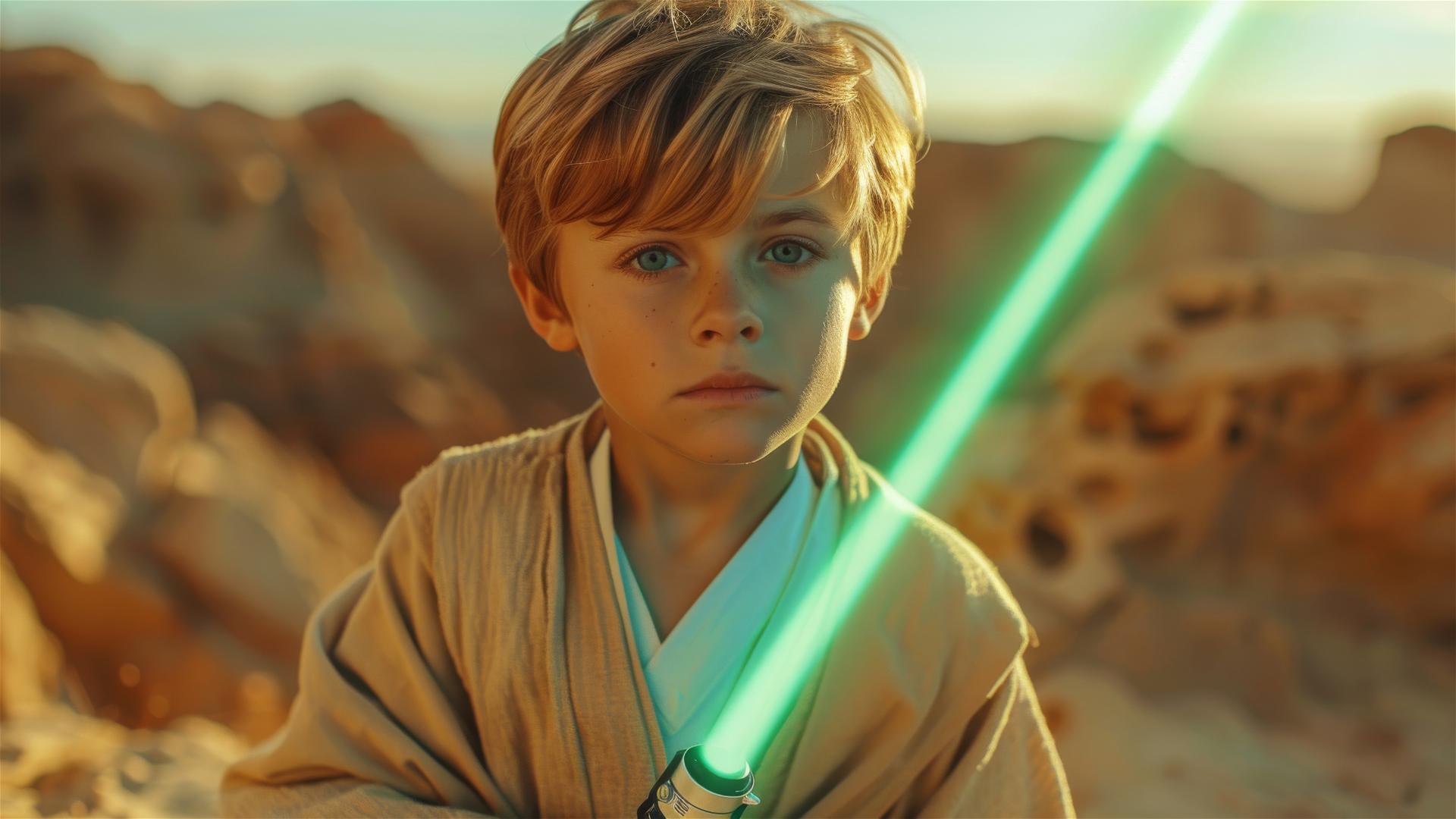 Young boy in Jedi robe holding green lightsaber on desert sci-fi planet