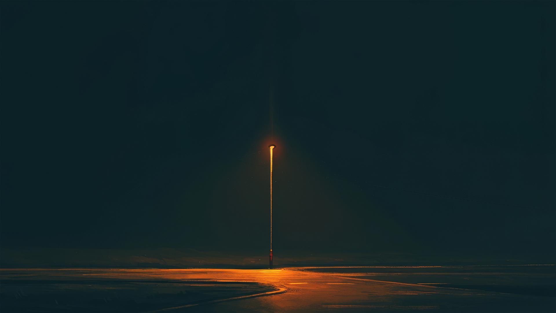A minimalist depiction of a dark deserted road under single streetlamp, evoking loneliness and light in the darkness