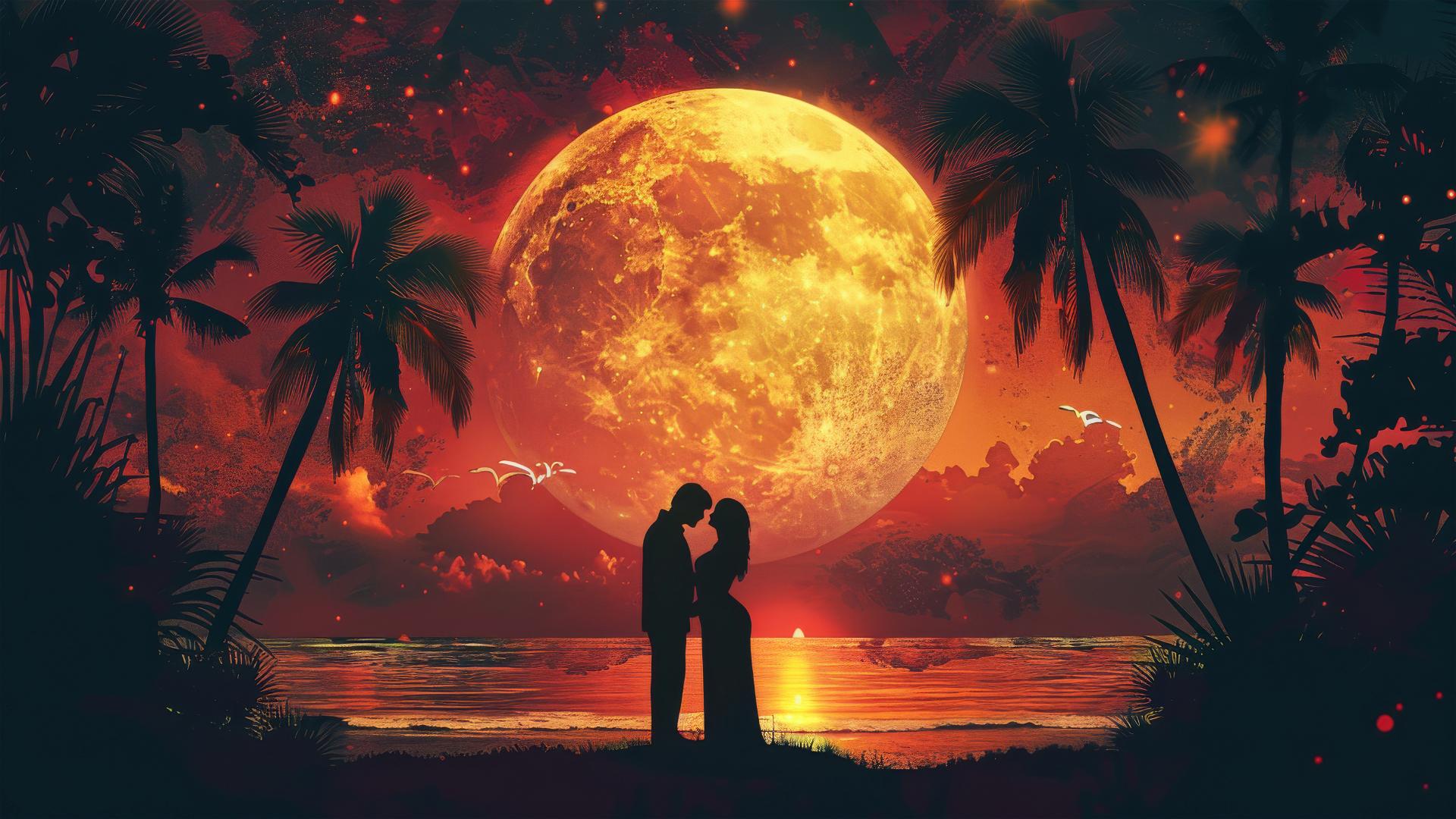 Silhouettes of man and woman holding each other on moonlit ocean shore under palm trees