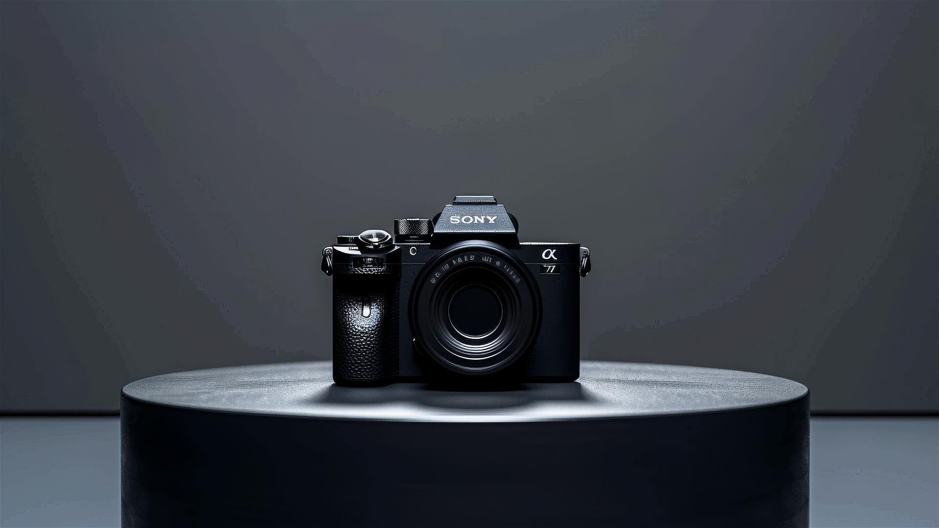 Sony Alpha camera on a monochrome table under studio lights