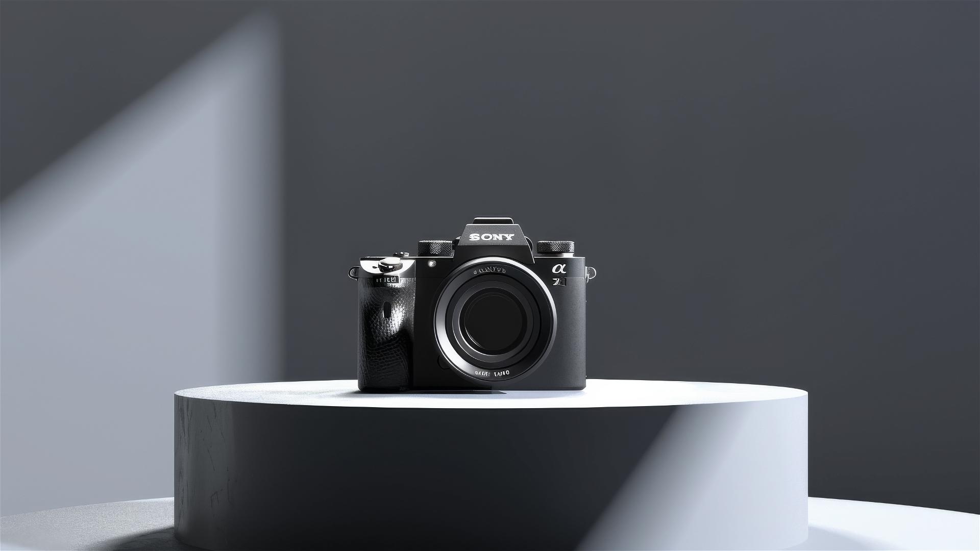 Sony Alpha camera on a round table under studio lights