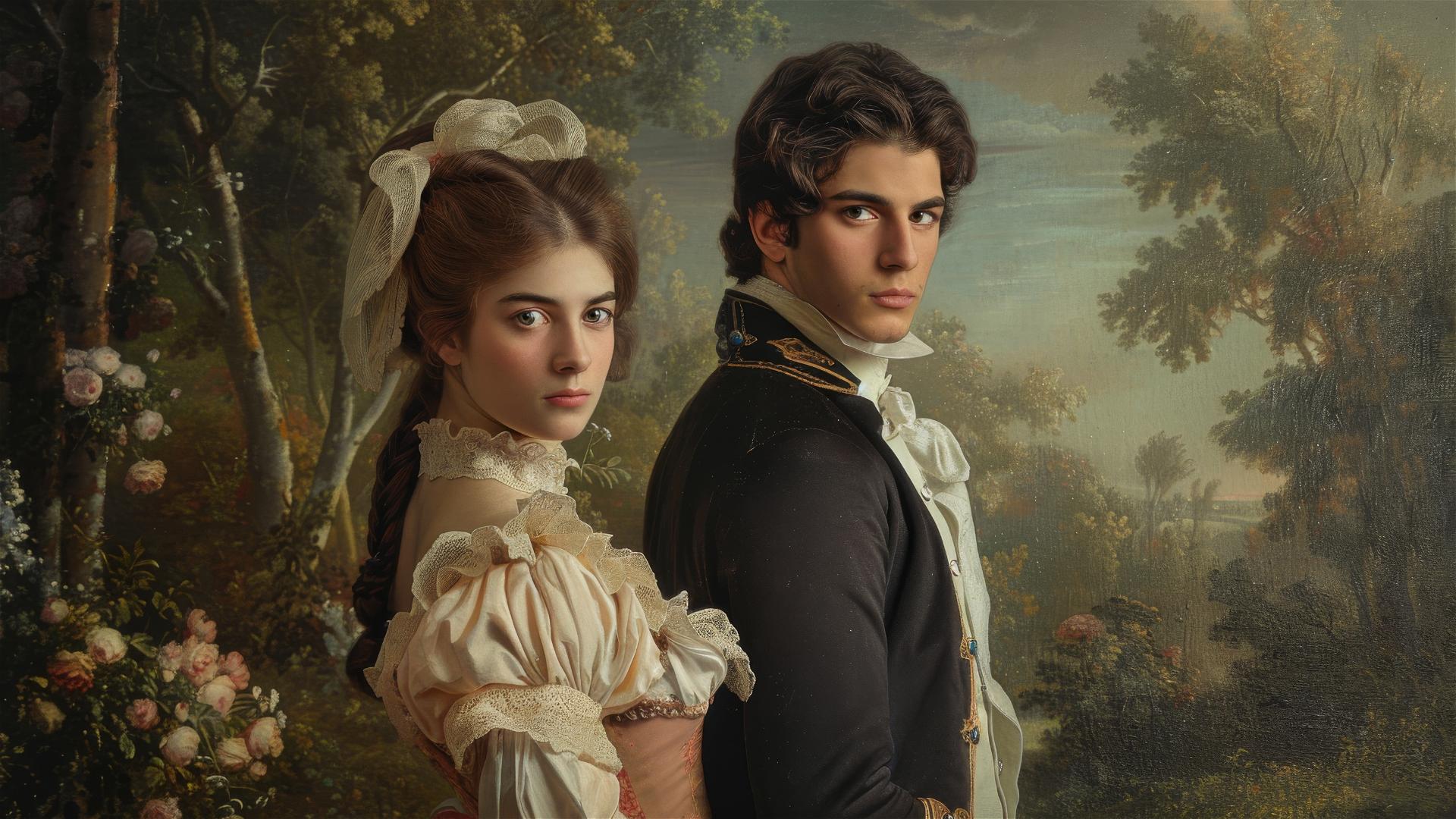 18th century lovers in elegant attire, Albert Graefle style painting