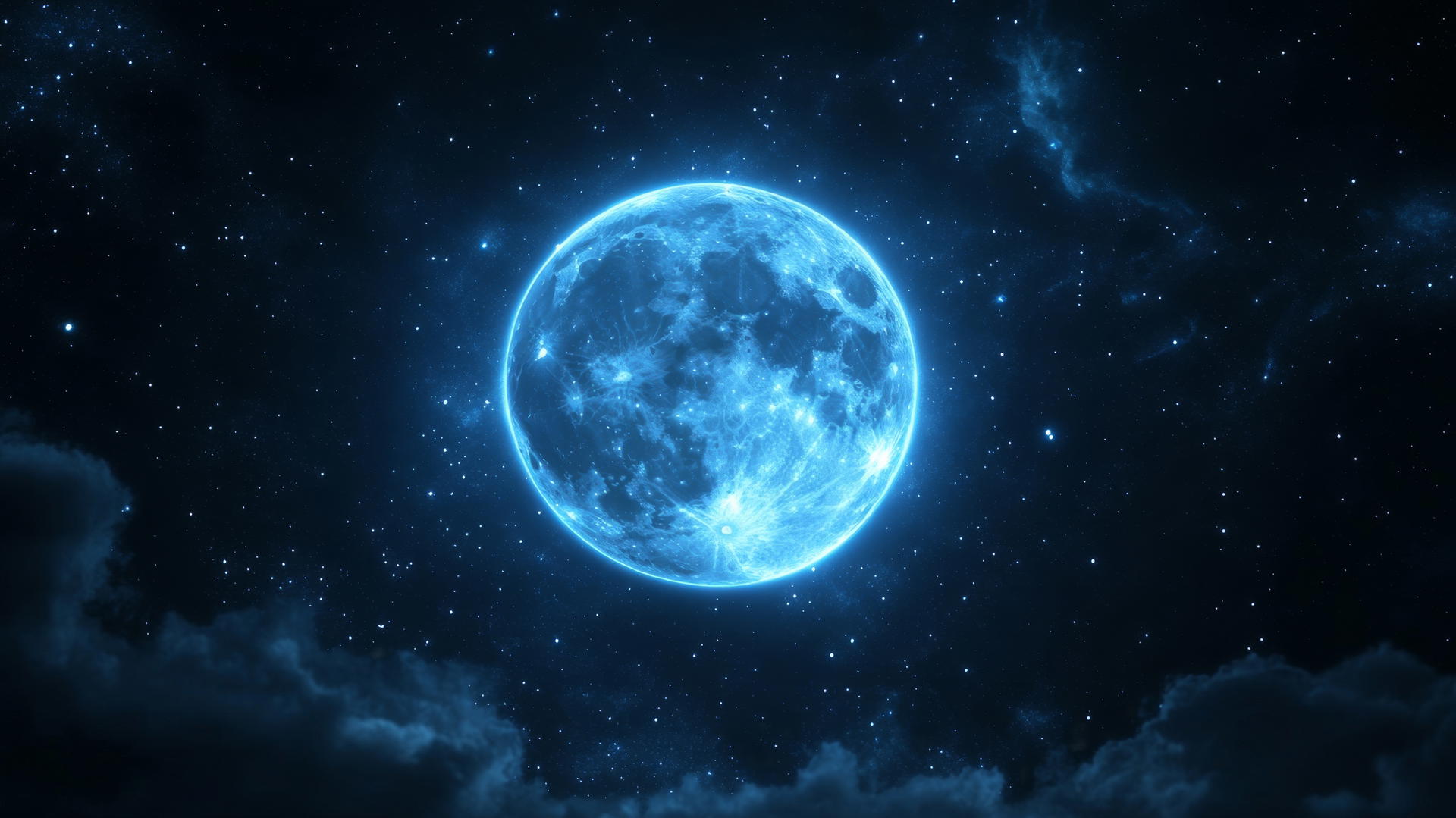 black and blue wallpaper with celestial blue moon and twinkling stars