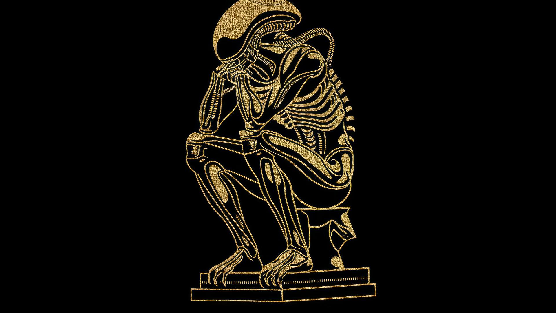 Xenomorph styled as The Thinker in vector art for t-shirt