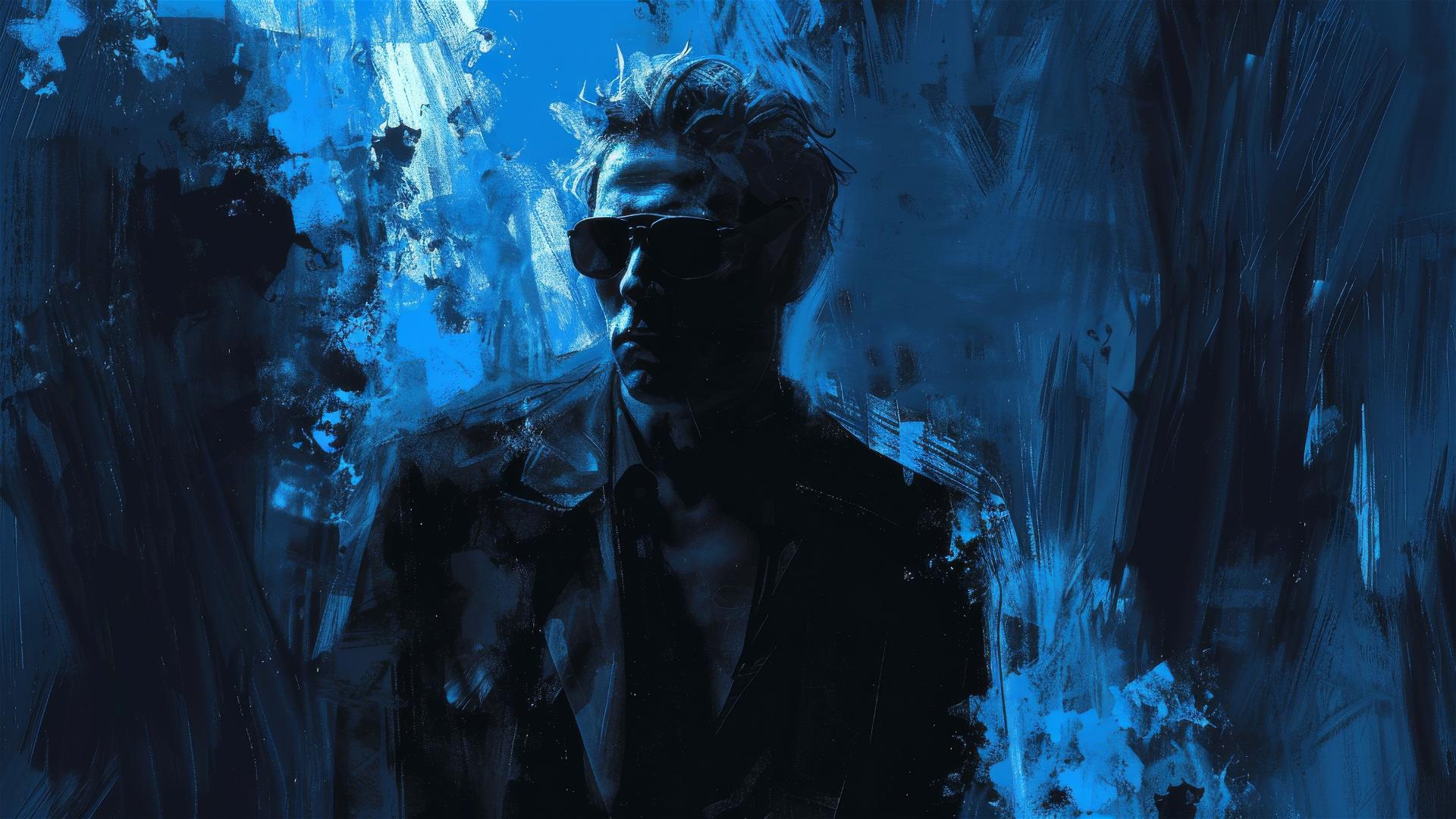 Sharp character in sunglasses with deep blues, 'Disco Elysium' style art by Greg Rutkowski