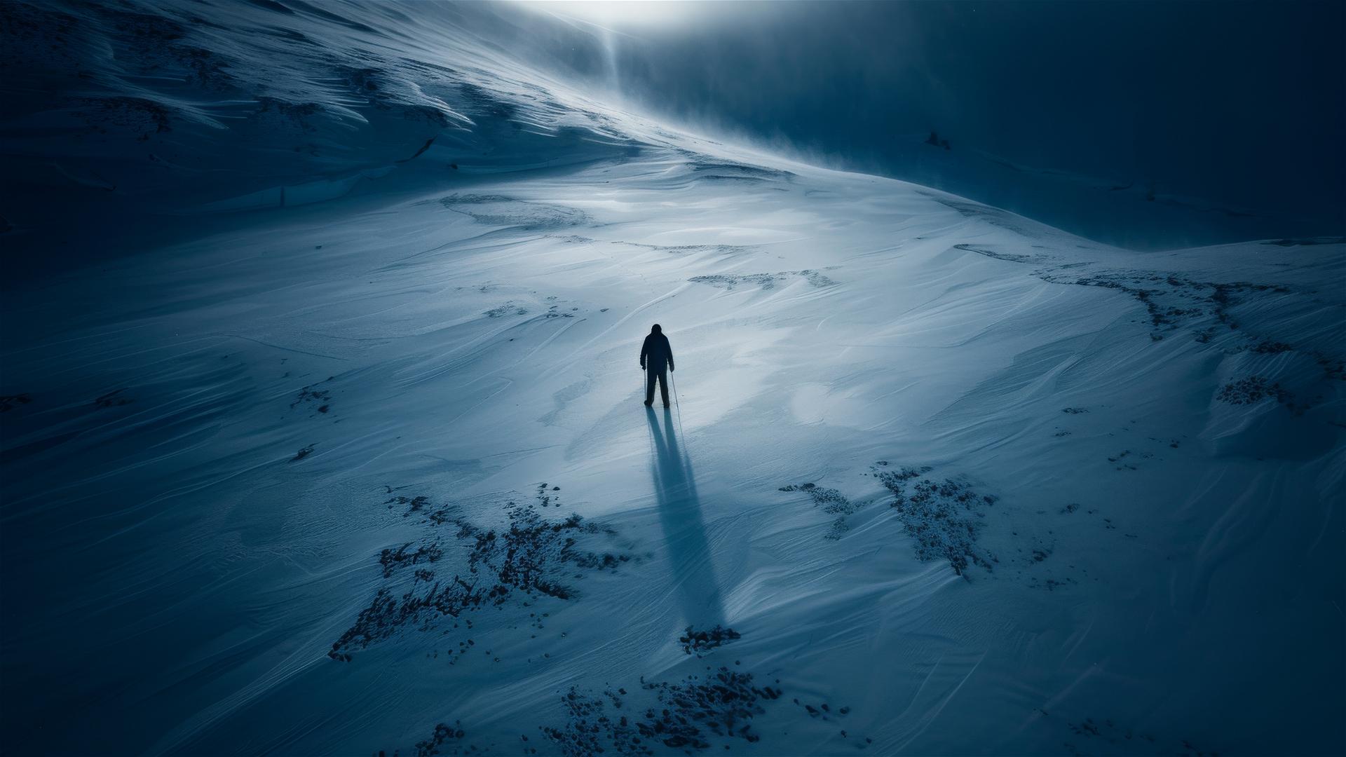 Antarctica from above with a dark figure casting shadows, feelings of loneliness