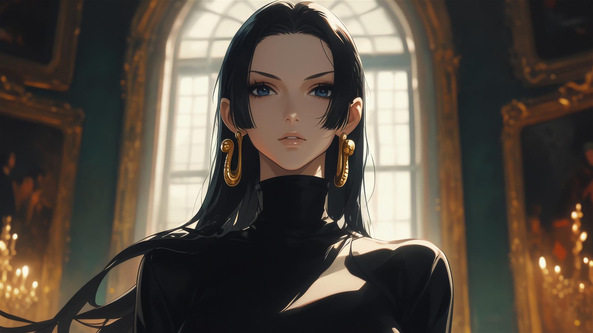 Boa Hancock from One Piece wandering in an art gallery under soft lights