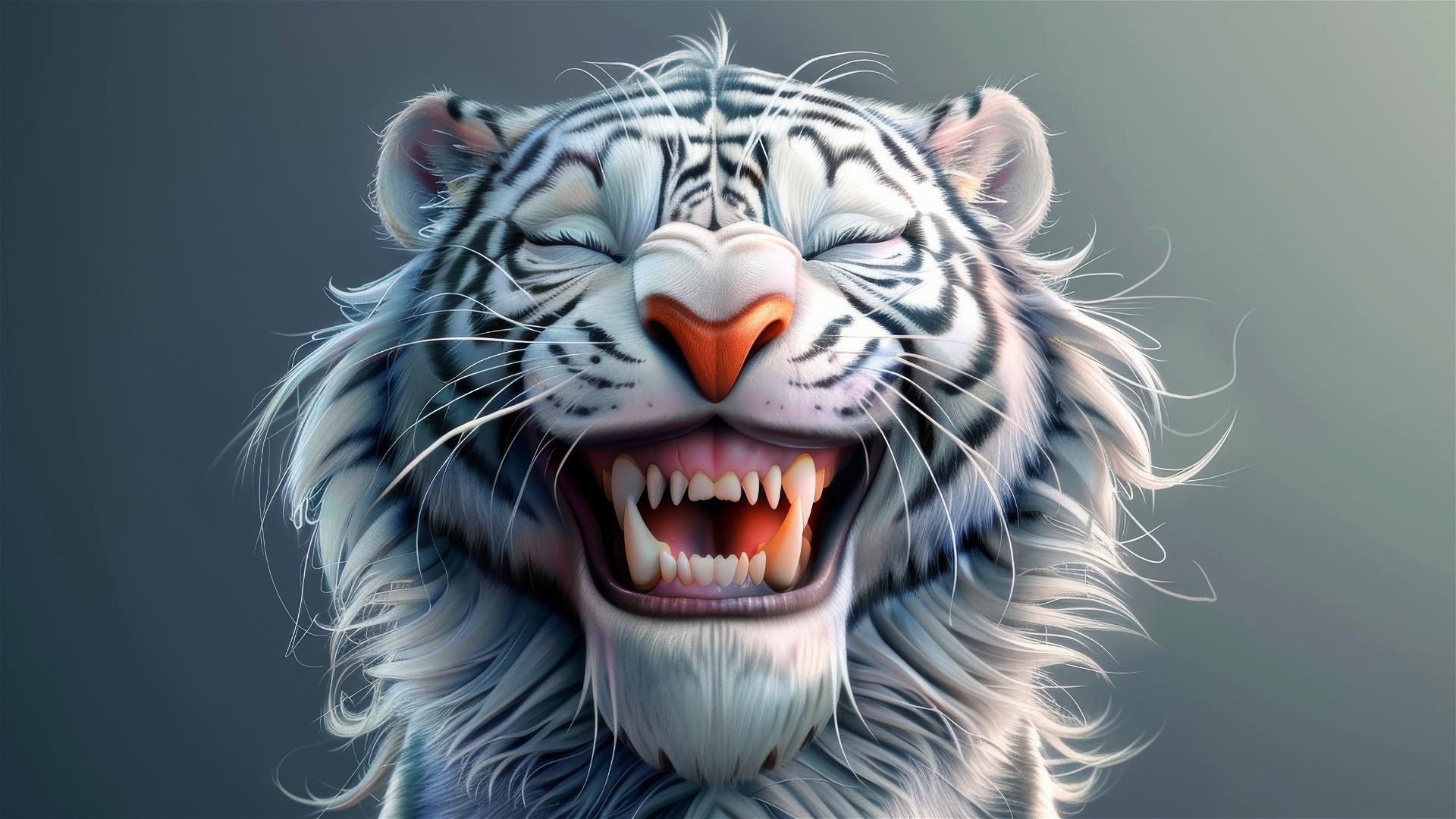 Playful white tiger cartoon with a happy expression in Tiago Hoisel style