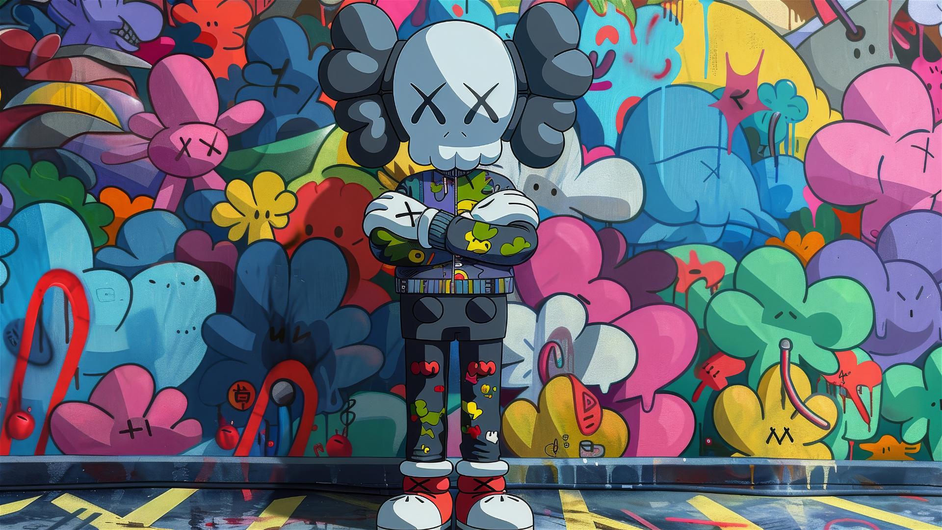 2D cartoon art of Nike companion Kaws with crossed arms