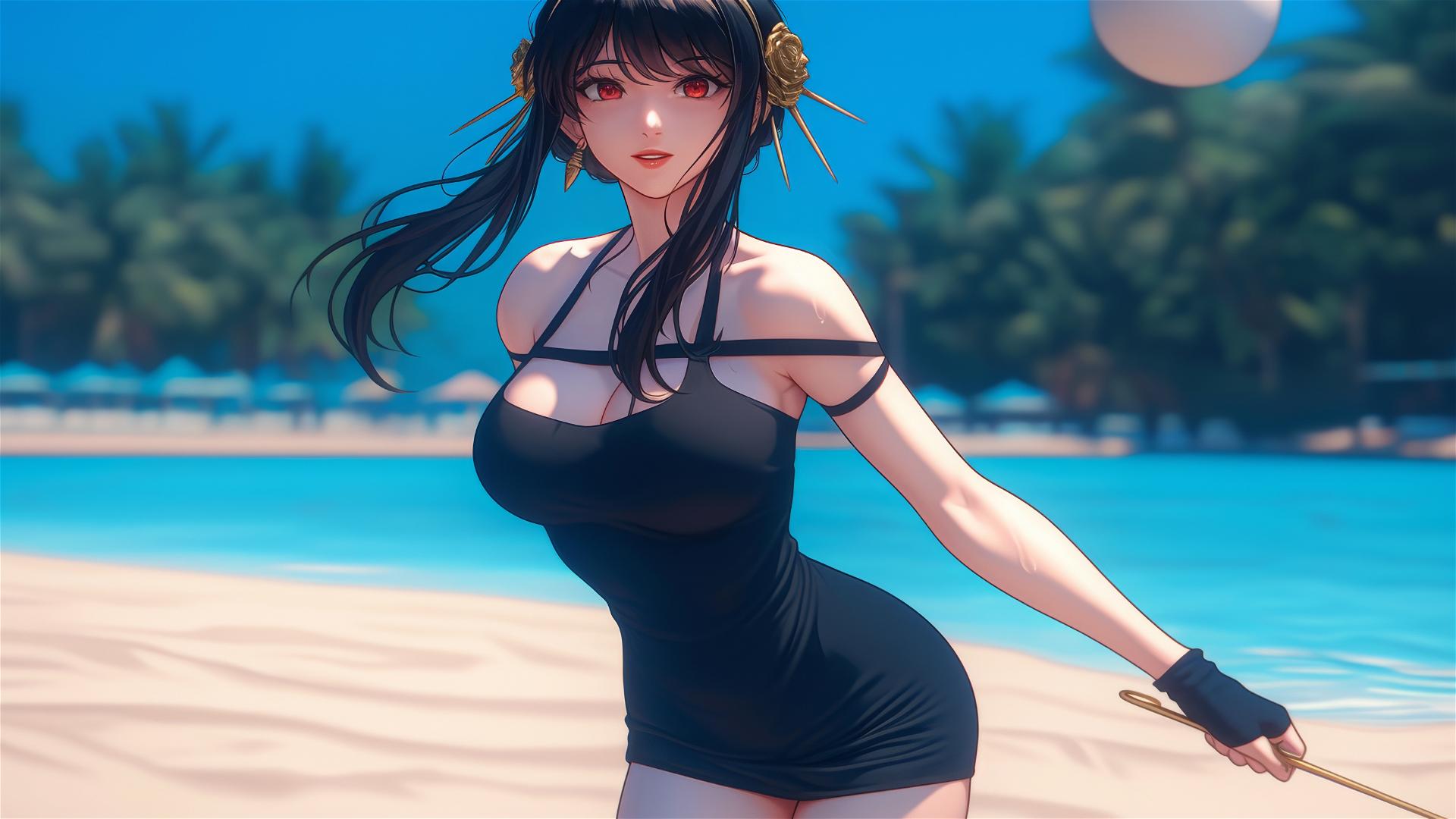 Yor Forger playing beach volleyball in summer dress