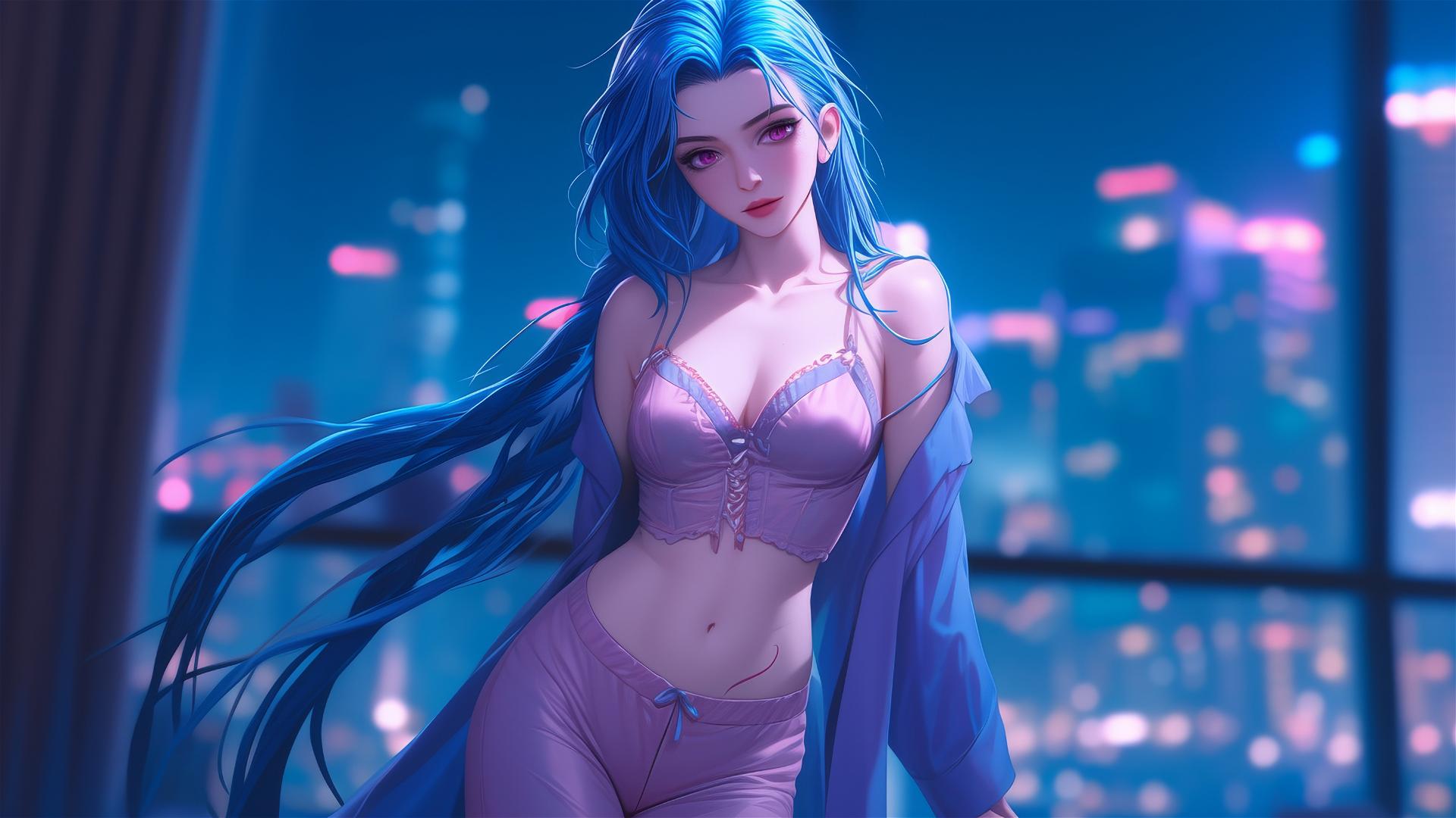 Jinx from League of Legends standing in an apartment under moonlight with pink eyes and blue hair.