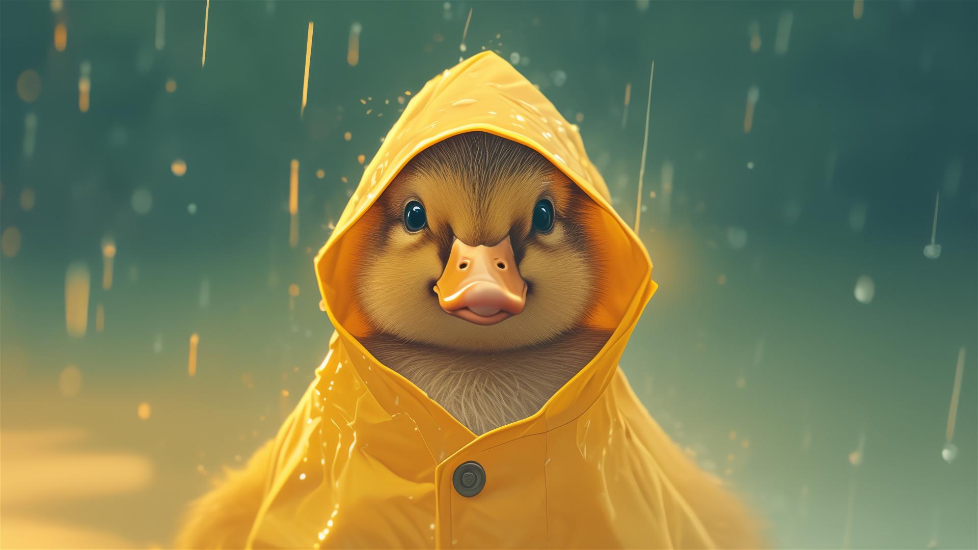 Photorealistic baby duck in a yellow raincoat, film style