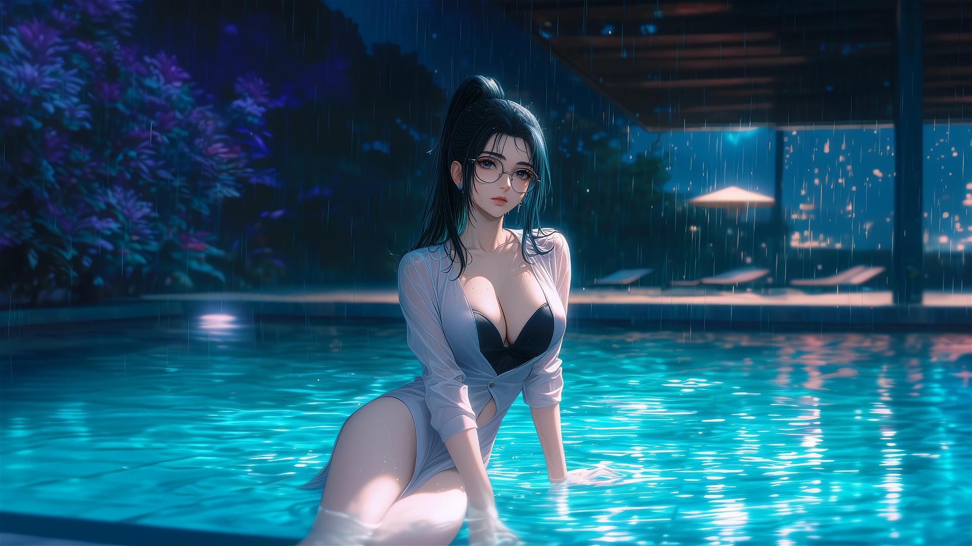 Maki Zenin from Jujutsu Kaisen by swimming pool in moonlight, wearing glasses