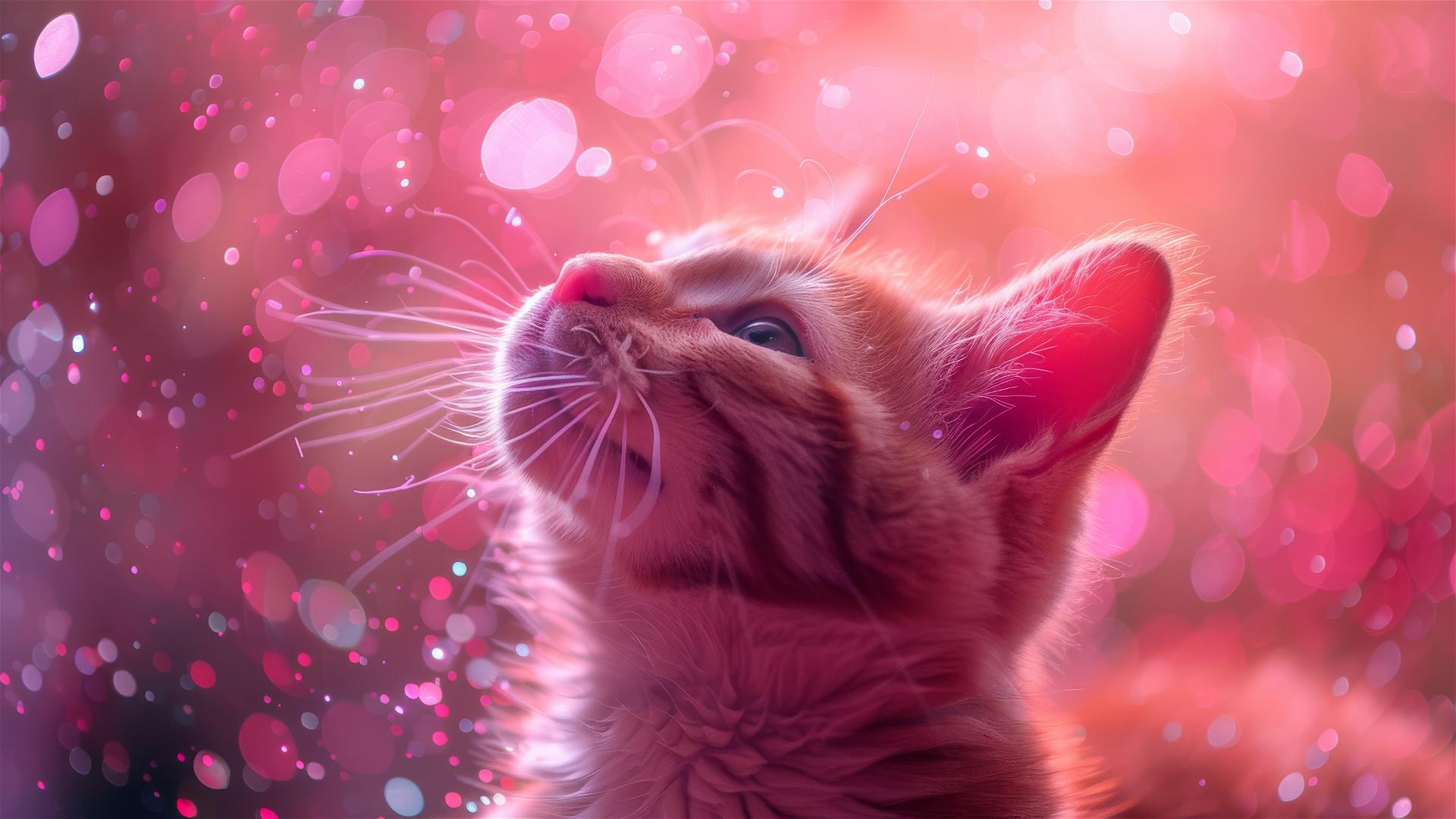 Glittery kawaii cat with diamond dust, light magenta