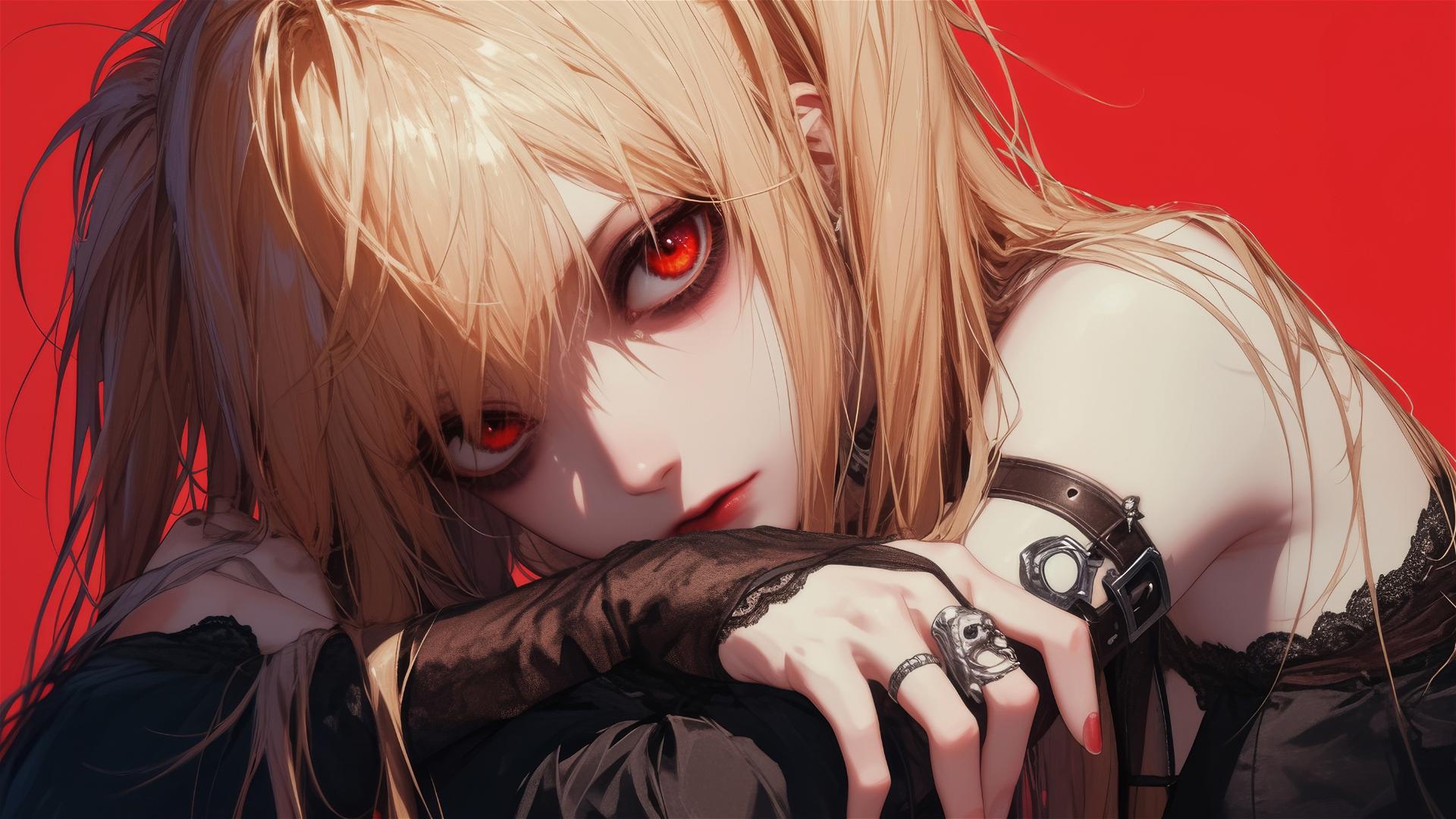 Misa Amane with red eyes, reflecting themes from Death Note