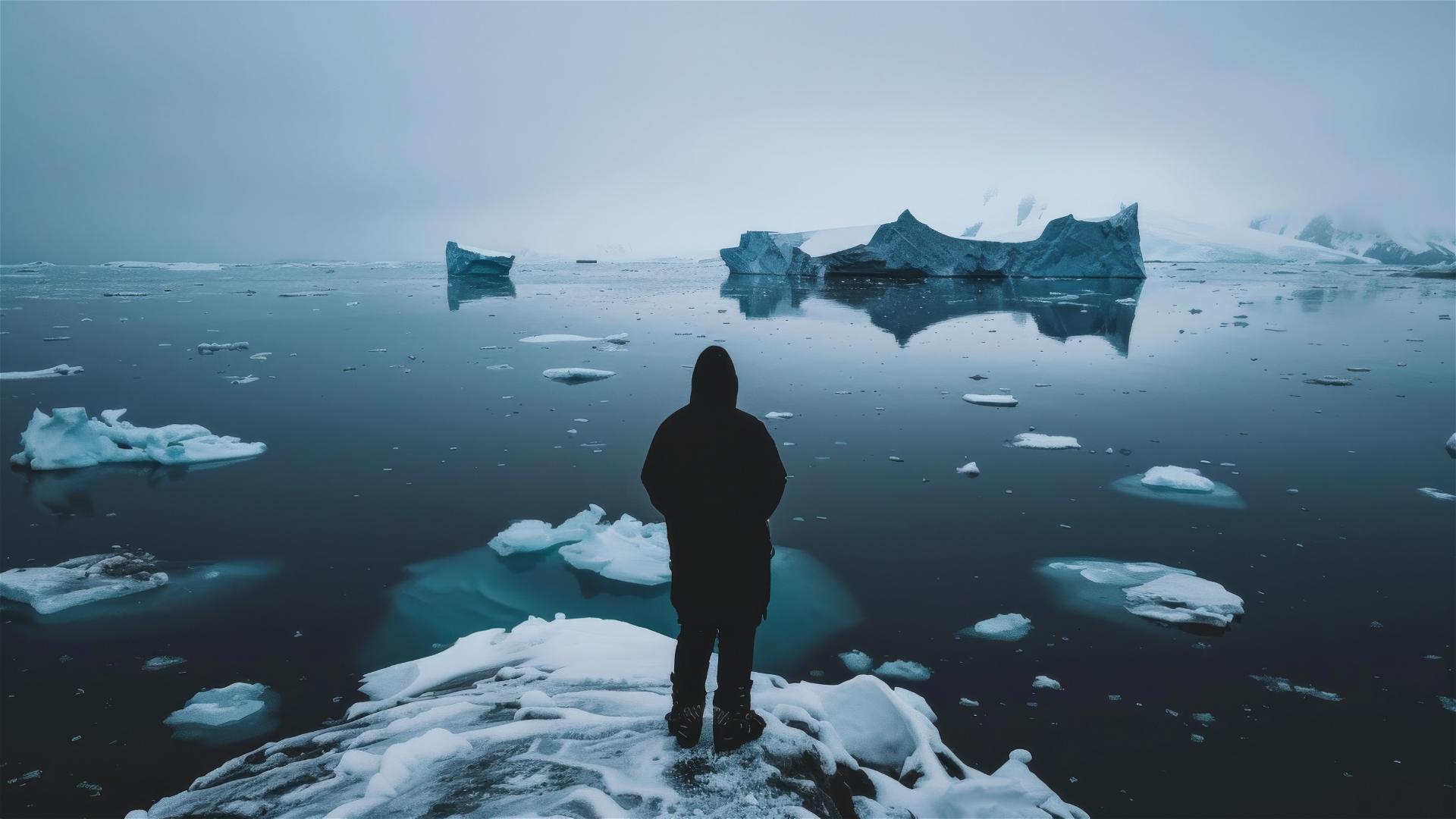 Dark figure in snowy Antarctica, evoking solitude