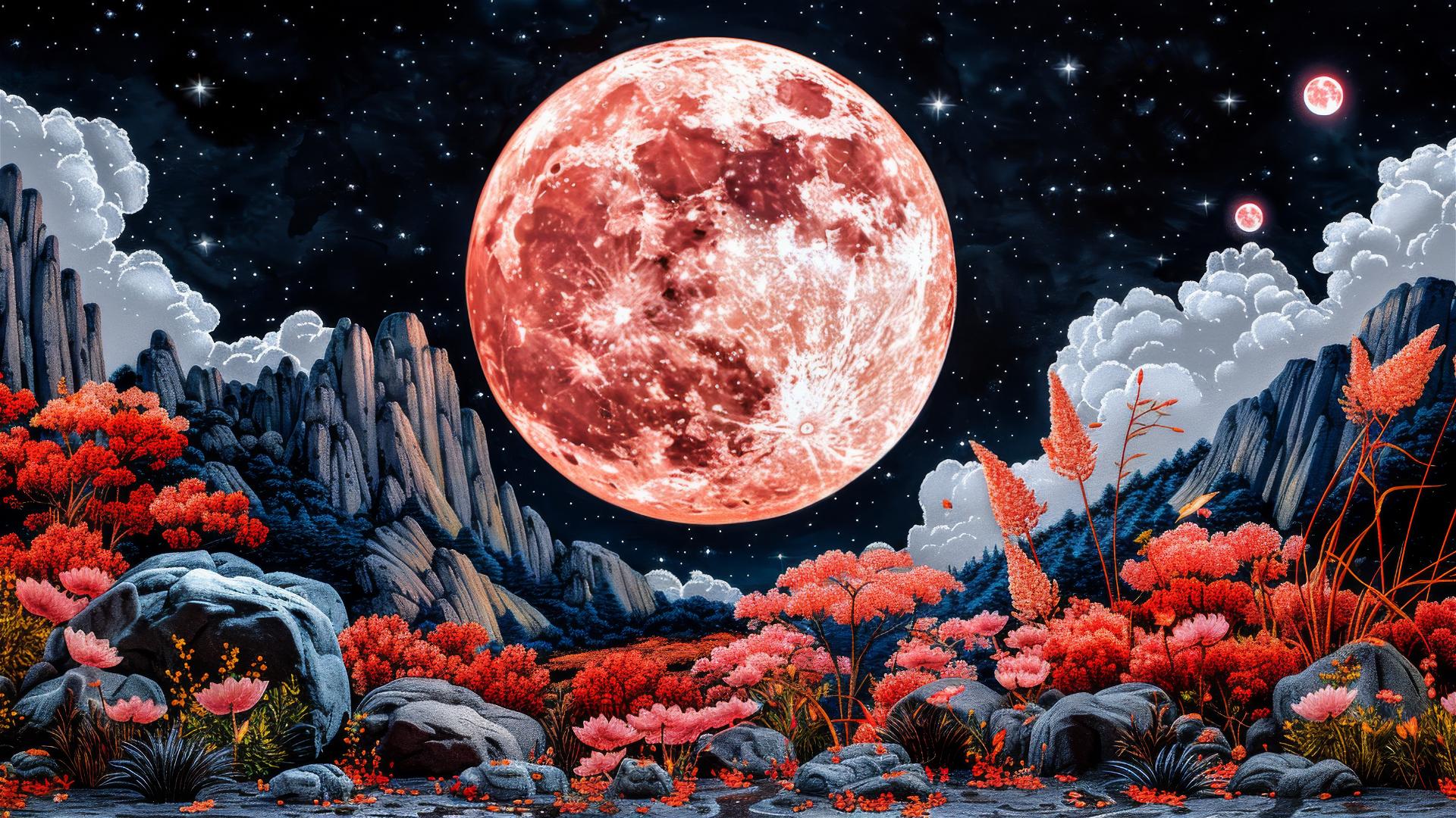 Forest with hidden creatures, autumn leaves, starry night sky at sunset