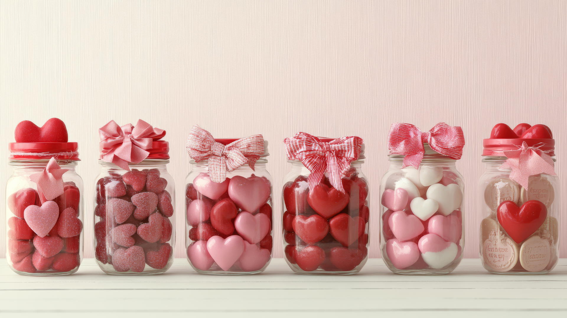 preppy valentines wallpaper with jars of heart-shaped candies, pink and red hues on a pastel cream background