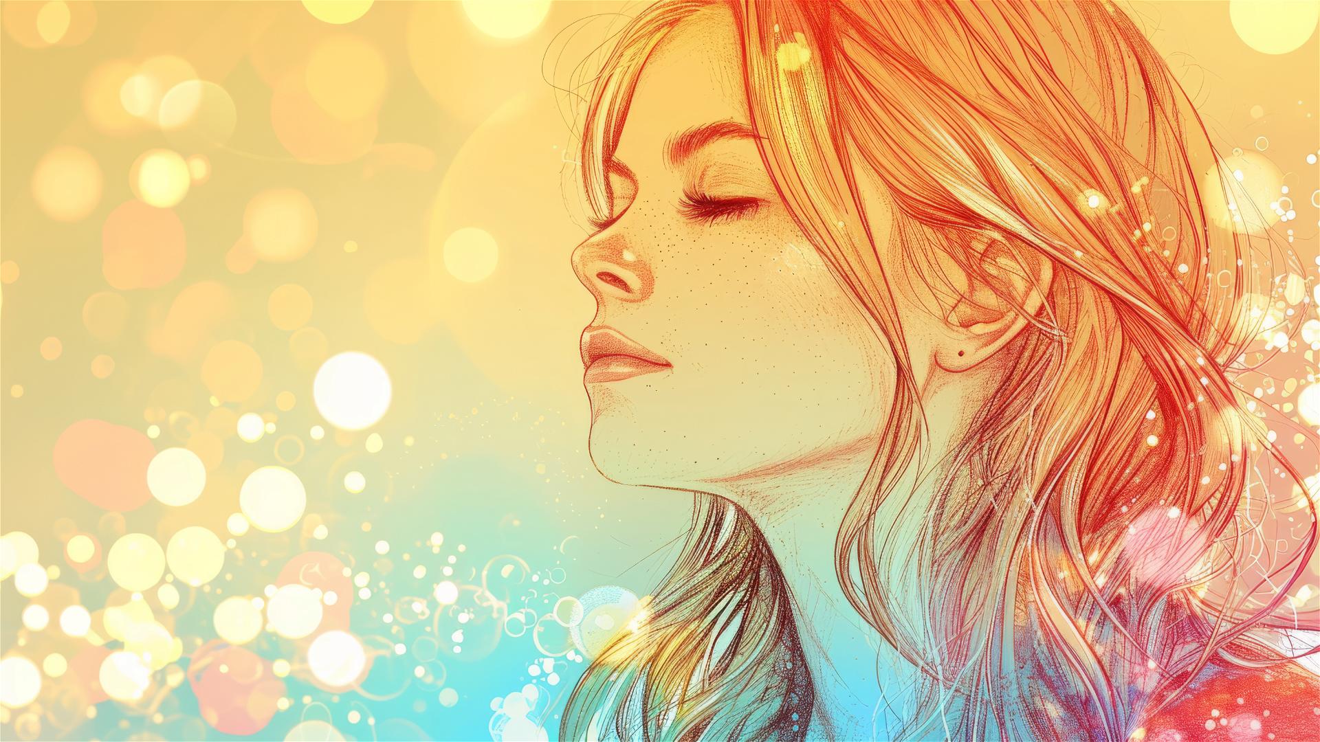 Golden-haired woman with stars and bokeh lights in watercolor and ink