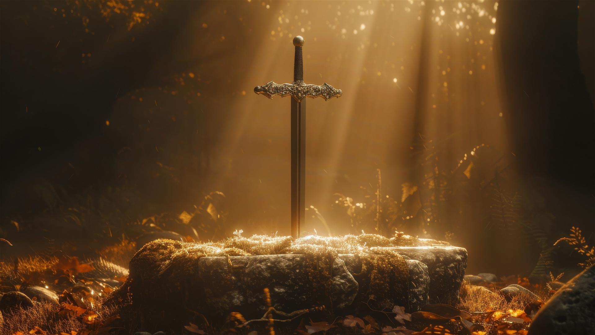 Double-edged sword on altar with glow and cinematic lighting