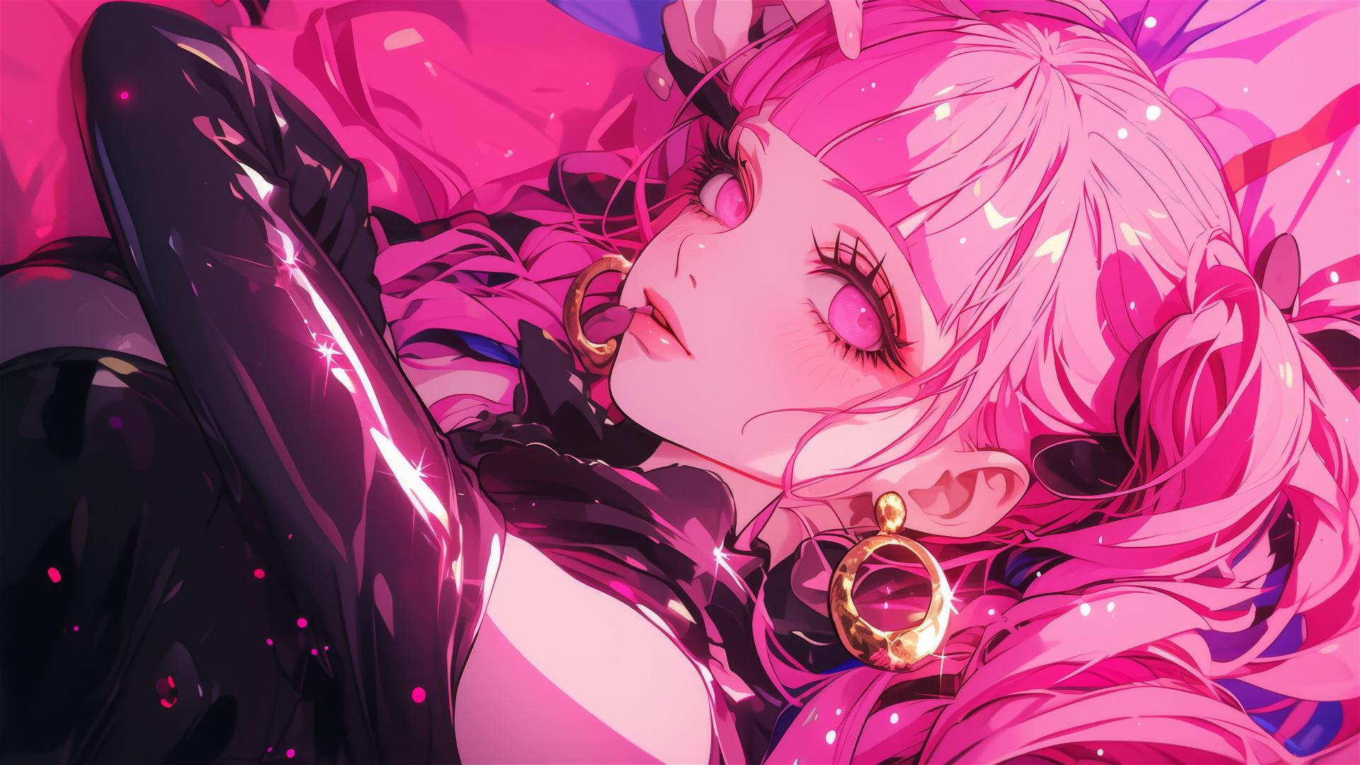 Perona from One Piece in black and pink leather, with gold earrings, neon glow.