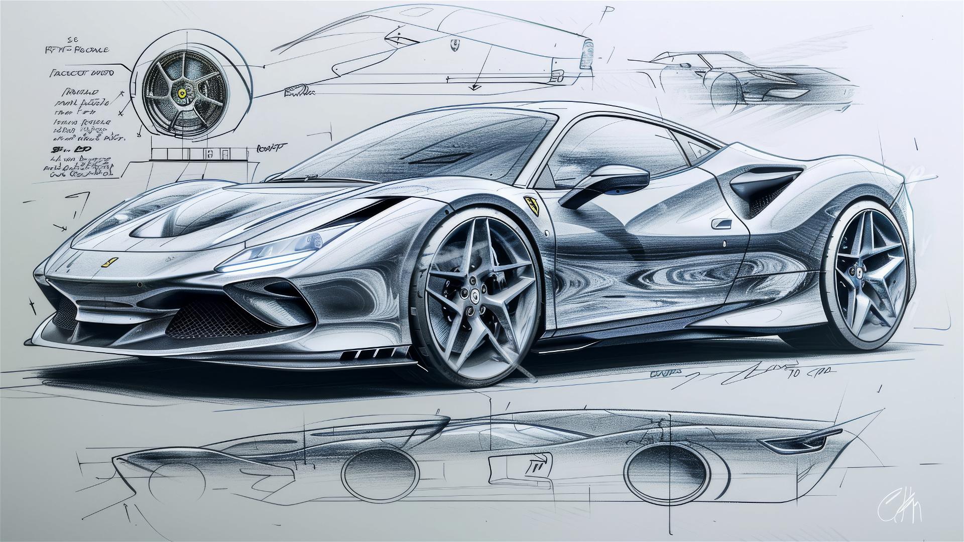 Black and white blueprint and sketch of Ferrari F8 Tributo