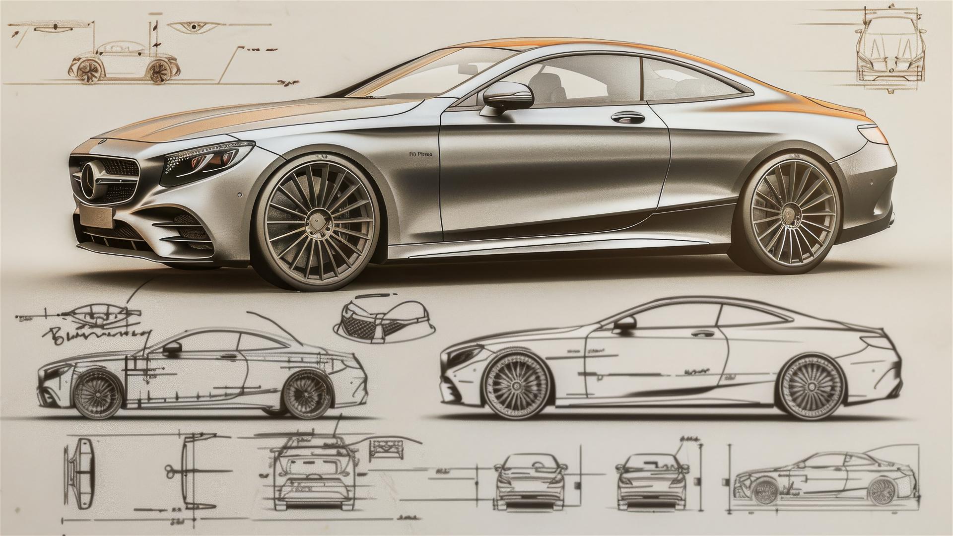Black and white blueprint and sketch of Mercedes S Coupe, front 3/4 view.