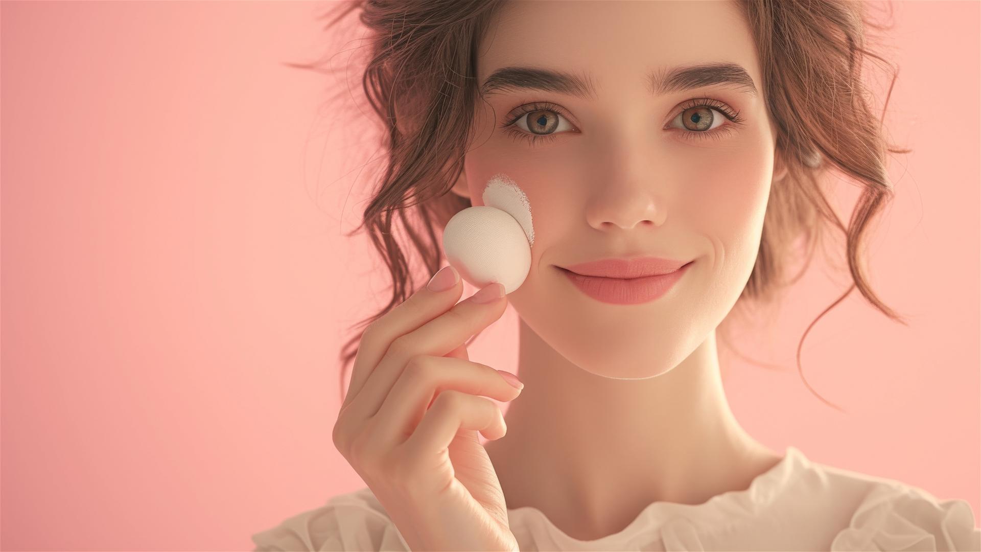 Dutch lady applying foundation with a gentle smile on a pink and beige background