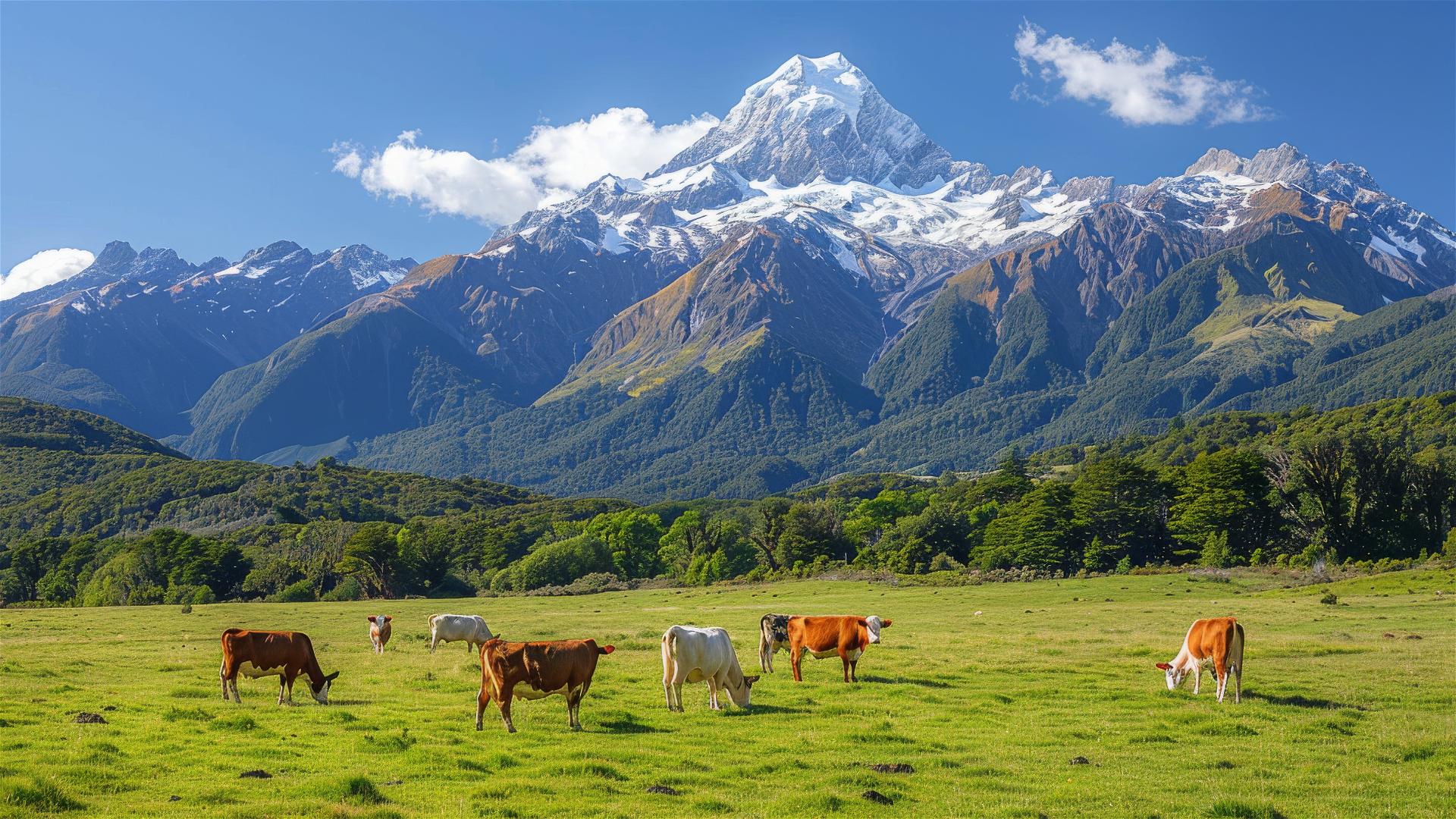 New Zealand scenery with snow mountains, green pastures, and Jersey Cattle.