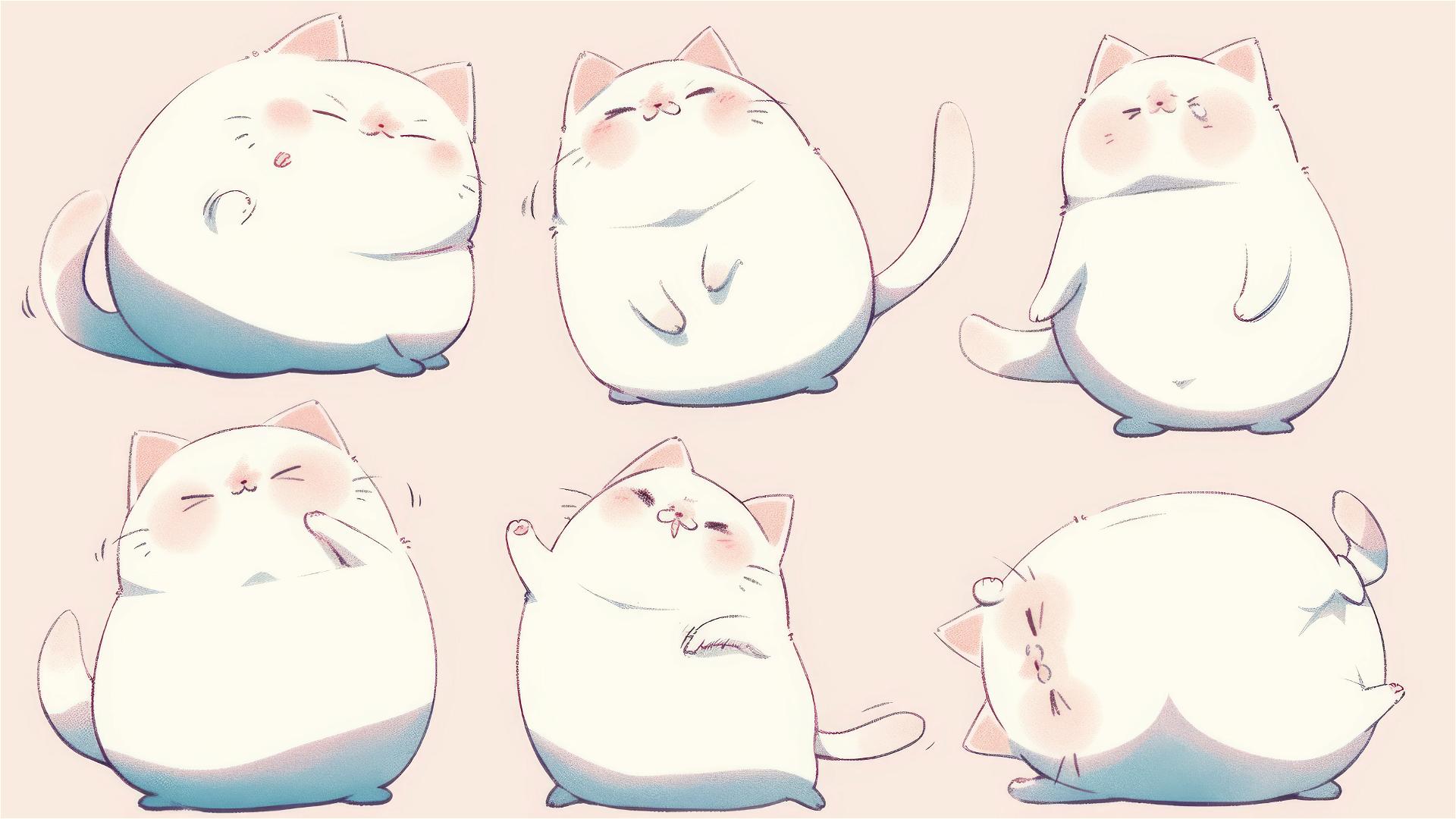 Chubby cat in kawaii poses with pastel colors