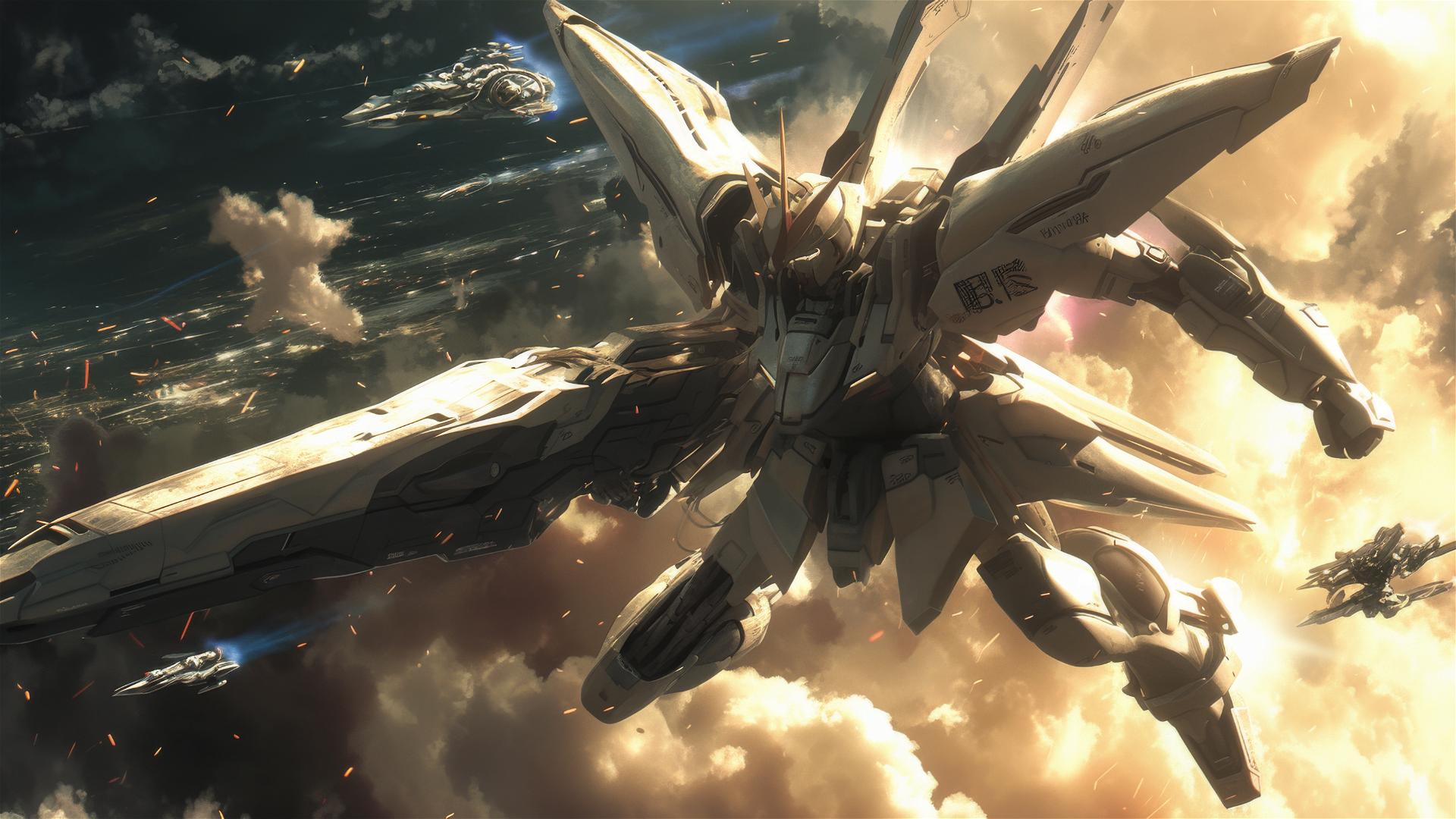 Gundam mobile suit flying in cinematic Roger Deakins style