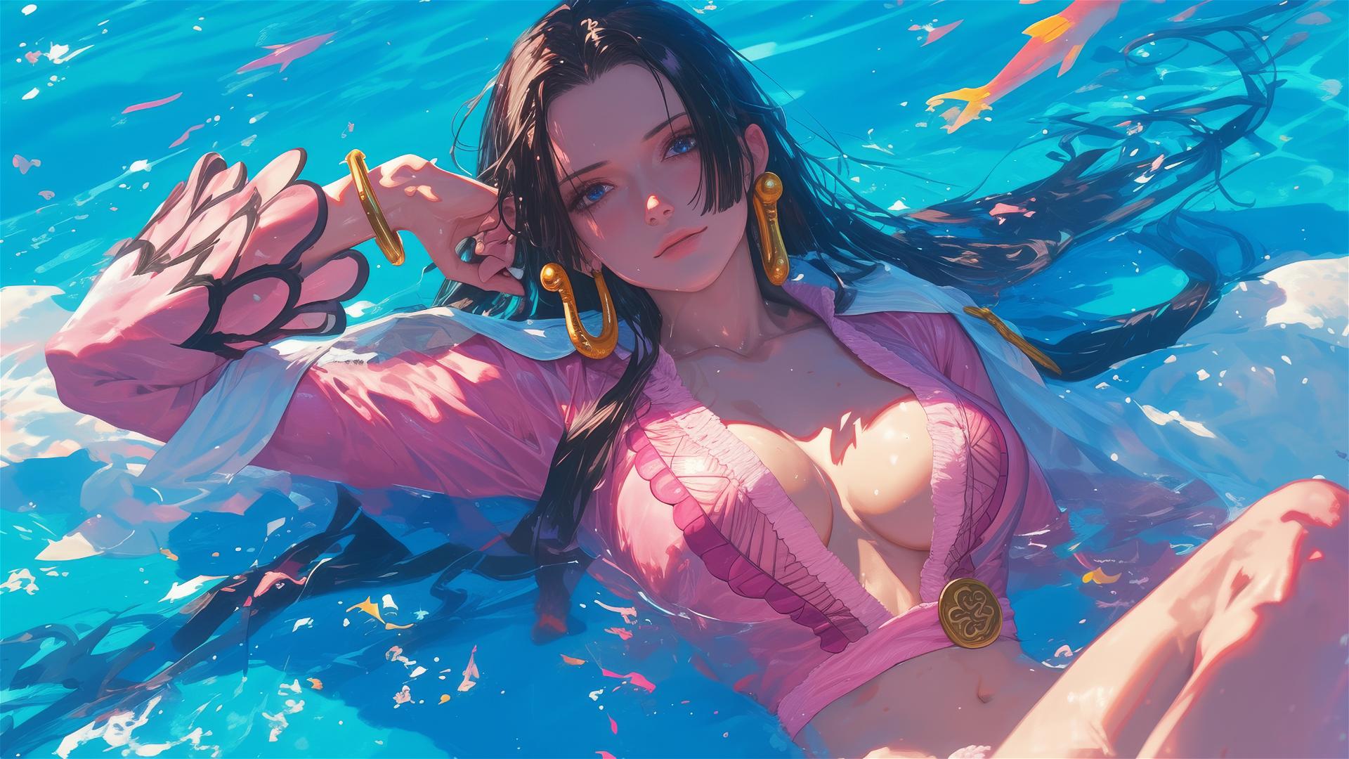 Boa Hancock from One Piece swimming in pool under moonlight