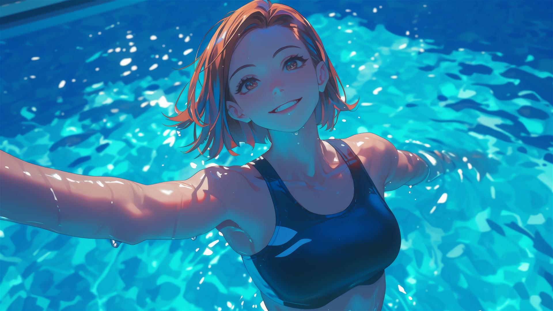 Nobara Kugisaki from Jujutsu Kaisen swimming in the moonlit pool