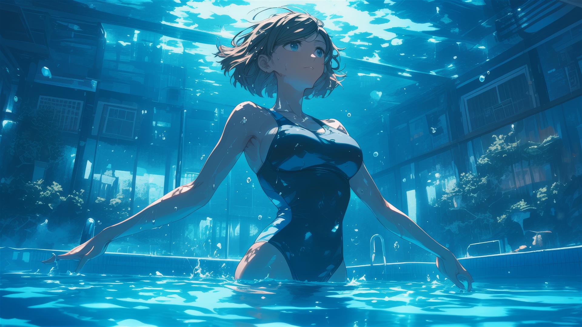 Nobara Kugisaki from Jujutsu Kaisen swimming under moonlight