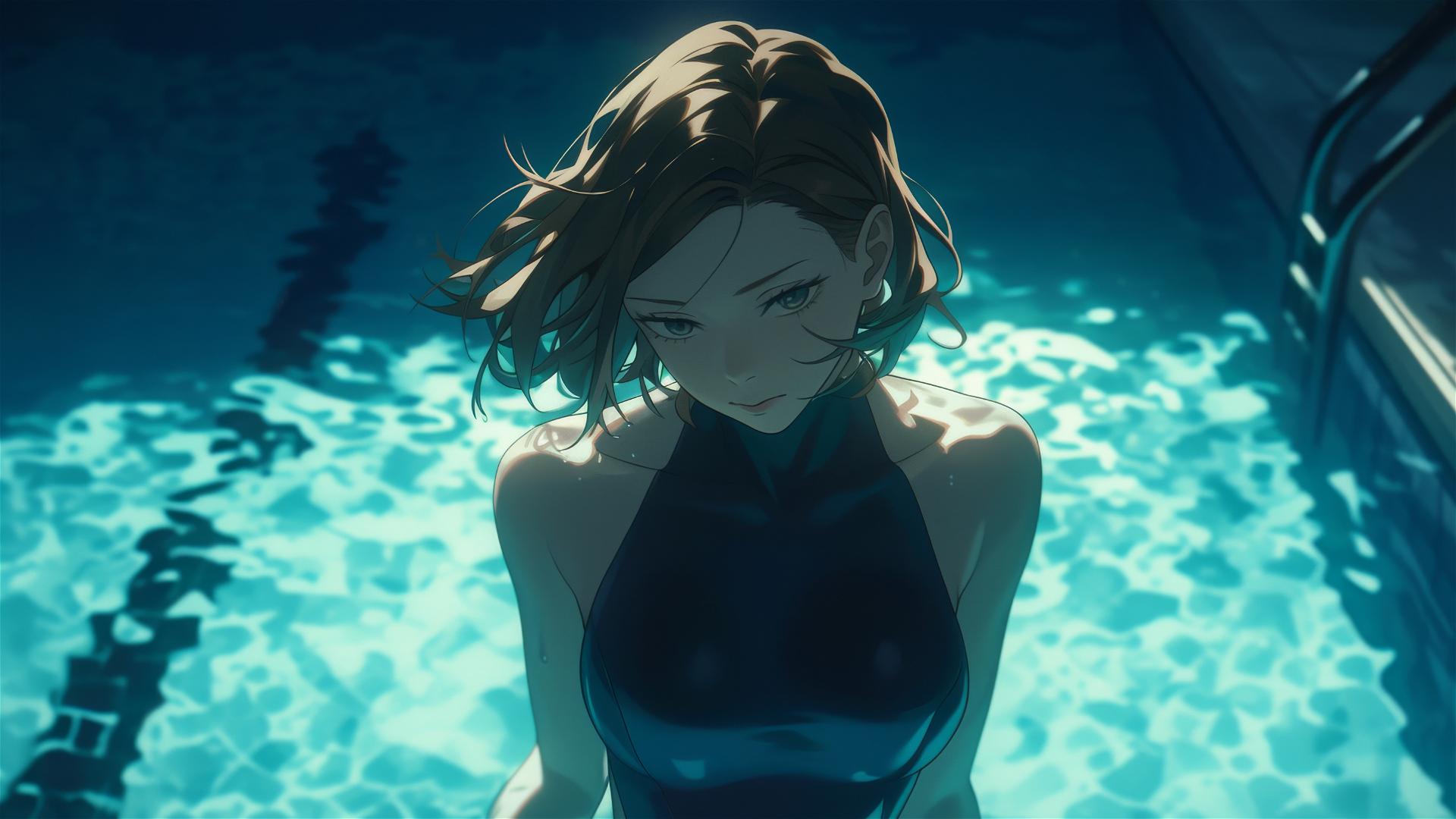 Nobara Kugisaki from Jujutsu Kaisen in pool under moonlight