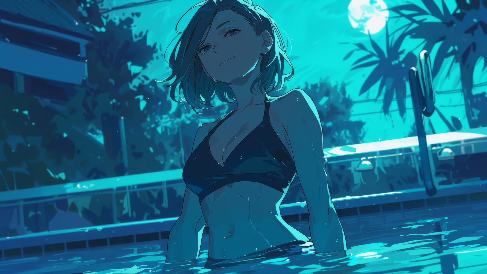 Nobara Kugisaki from Jujutsu Kaisen stands in a pool under moonlight