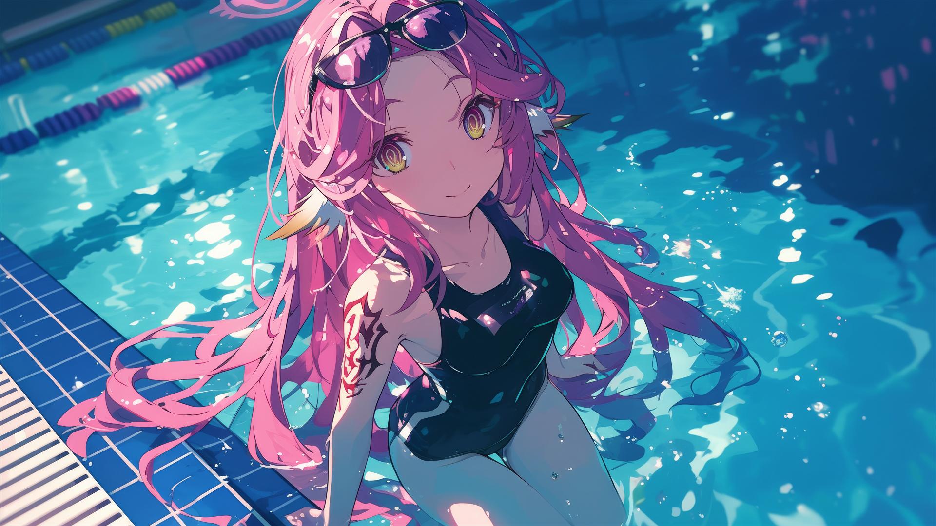 Jibril from No Game No Life swimming under moonlit pool