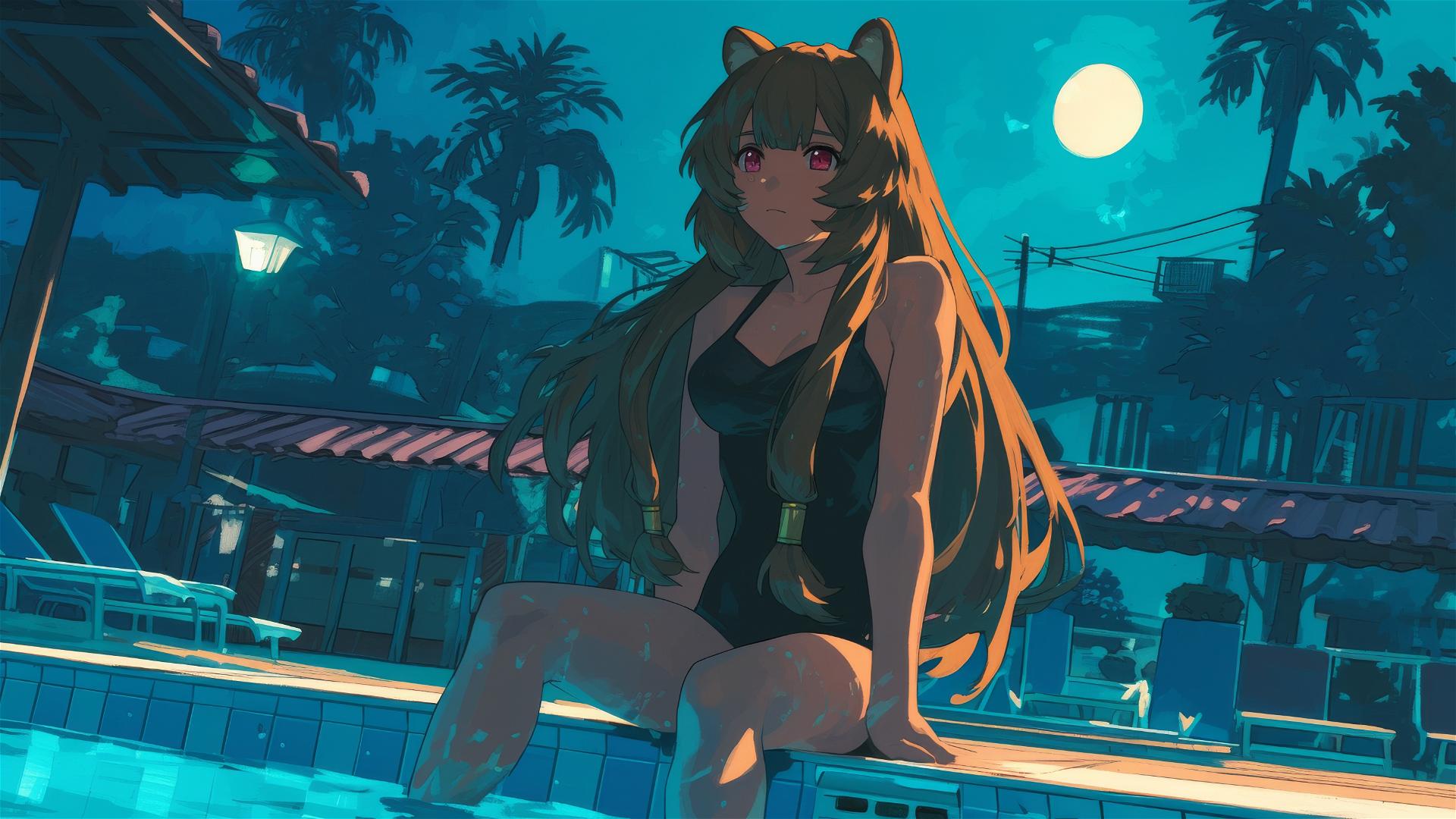 Raphtalia standing in pool under moonlight