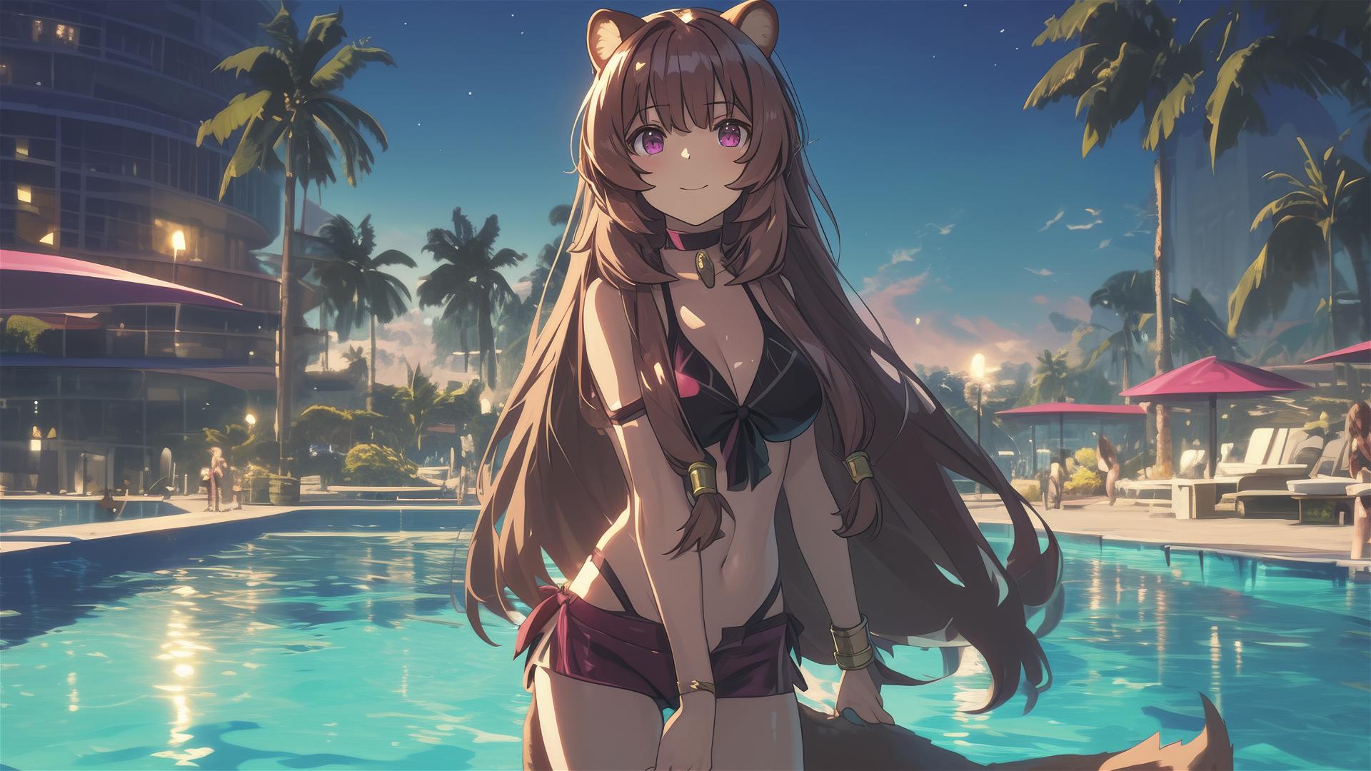 Raphtalia from The Rising of the Shield Hero standing in the pool under moonlight