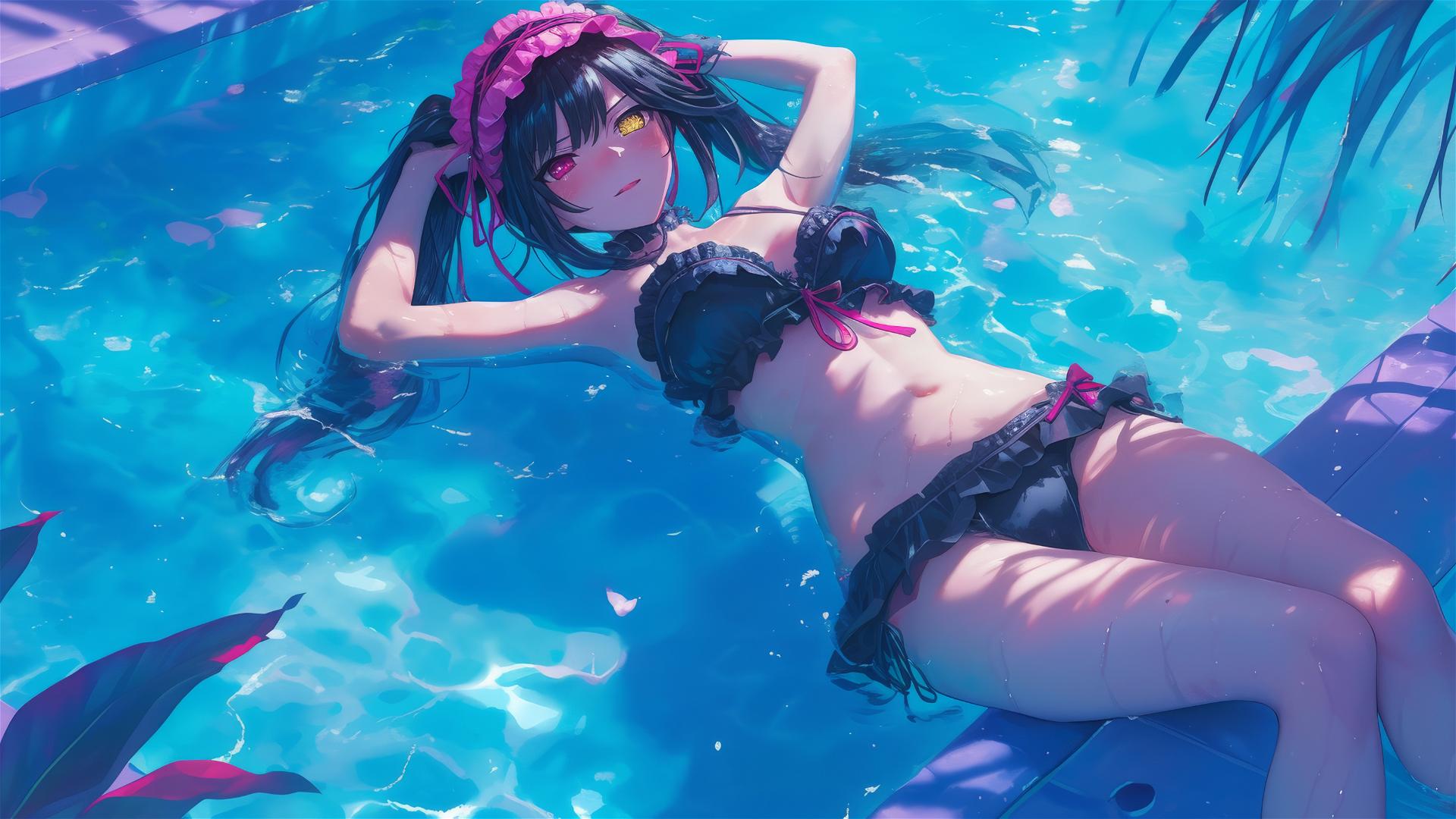Kurumi Tokisaki swimming in moonlit pool